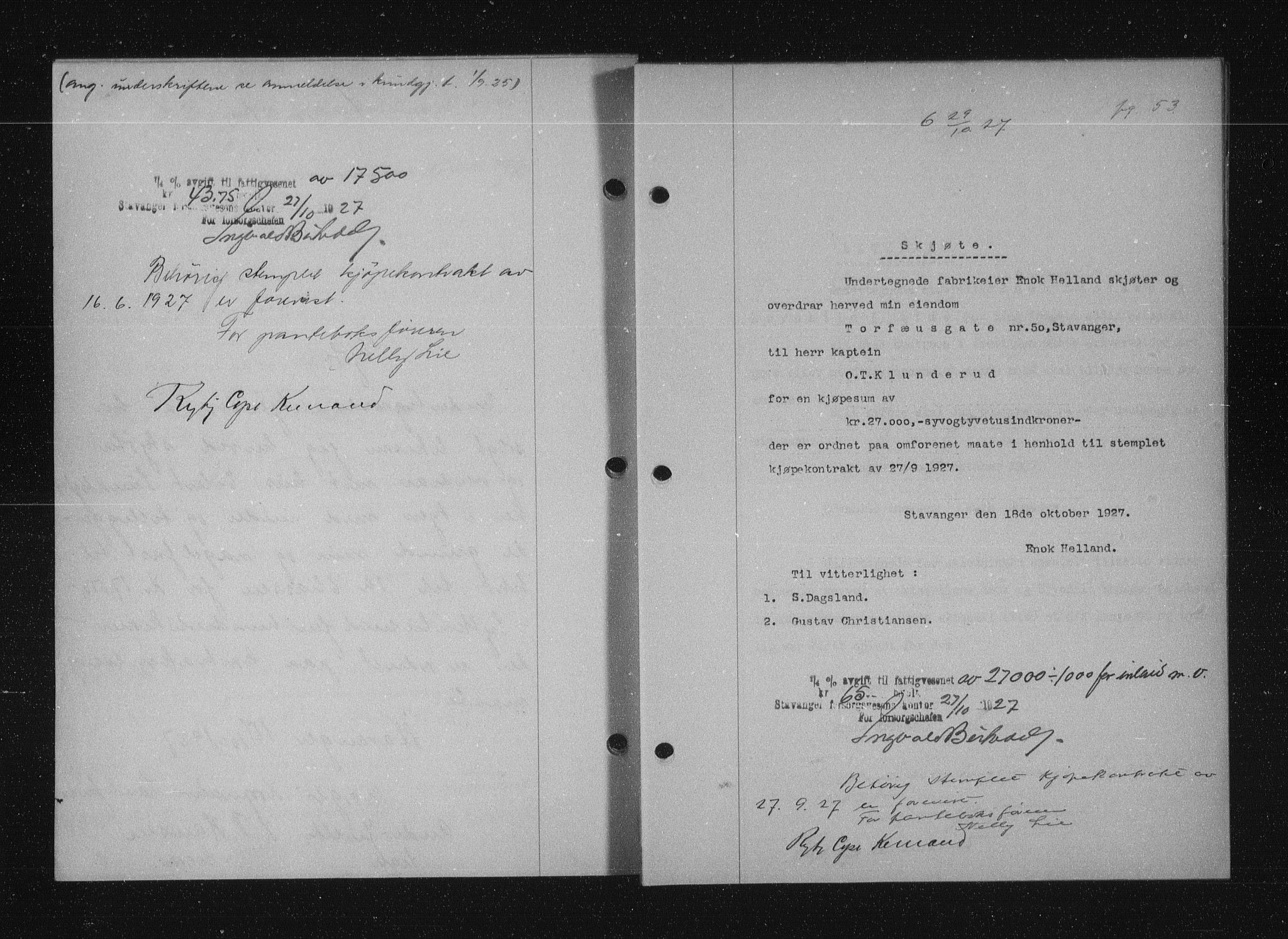 Stavanger byfogd, AV/SAST-A-101408/001/4/41/410/410BB/L0053: Mortgage book no. 41, 1927-1928, Deed date: 29.10.1927