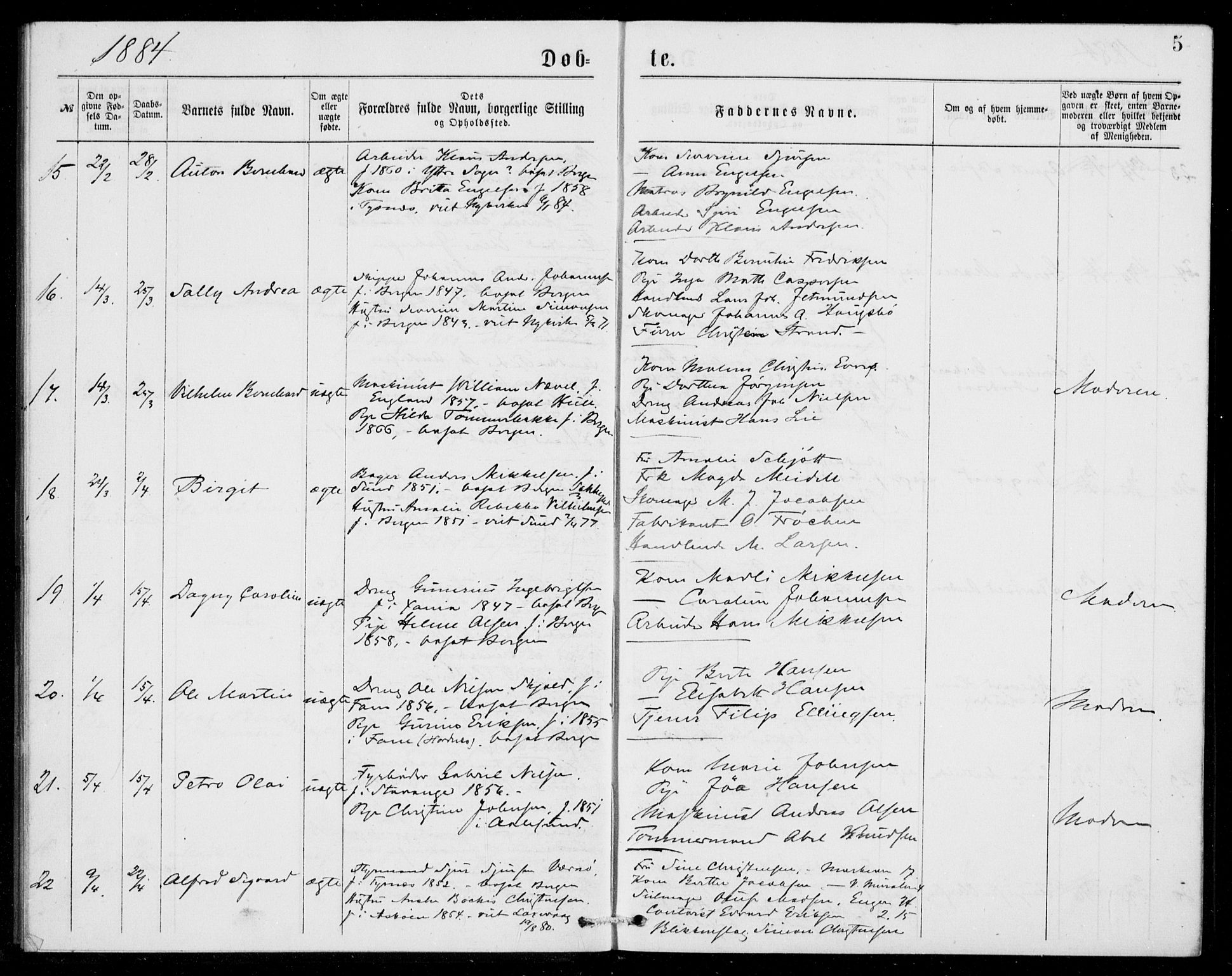 Fødselsstiftelsens sokneprestembete, ført av overlegen*, SAB/-: Parish register (official) no. A 2, 1884-1900, p. 5