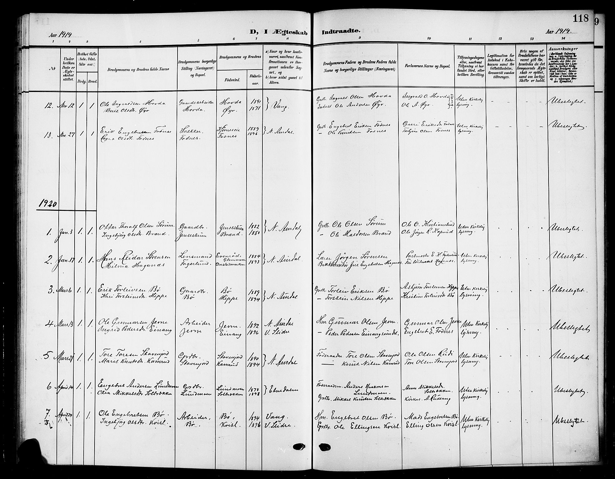 Nord-Aurdal prestekontor, SAH/PREST-132/H/Ha/Hab/L0012: Parish register (copy) no. 12, 1907-1920, p. 118