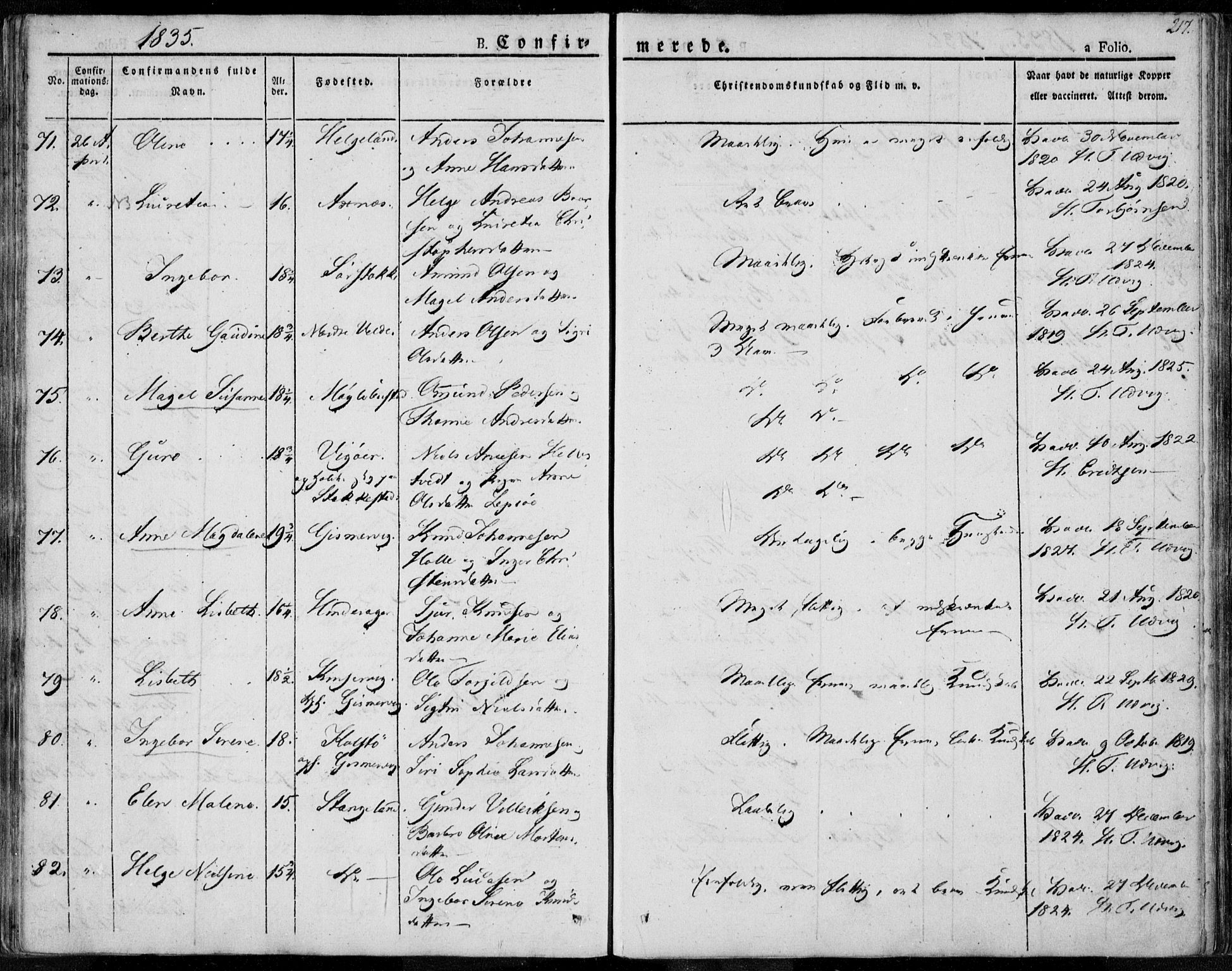 Avaldsnes sokneprestkontor, SAST/A -101851/H/Ha/Haa/L0005: Parish register (official) no. A 5.1, 1825-1841, p. 217