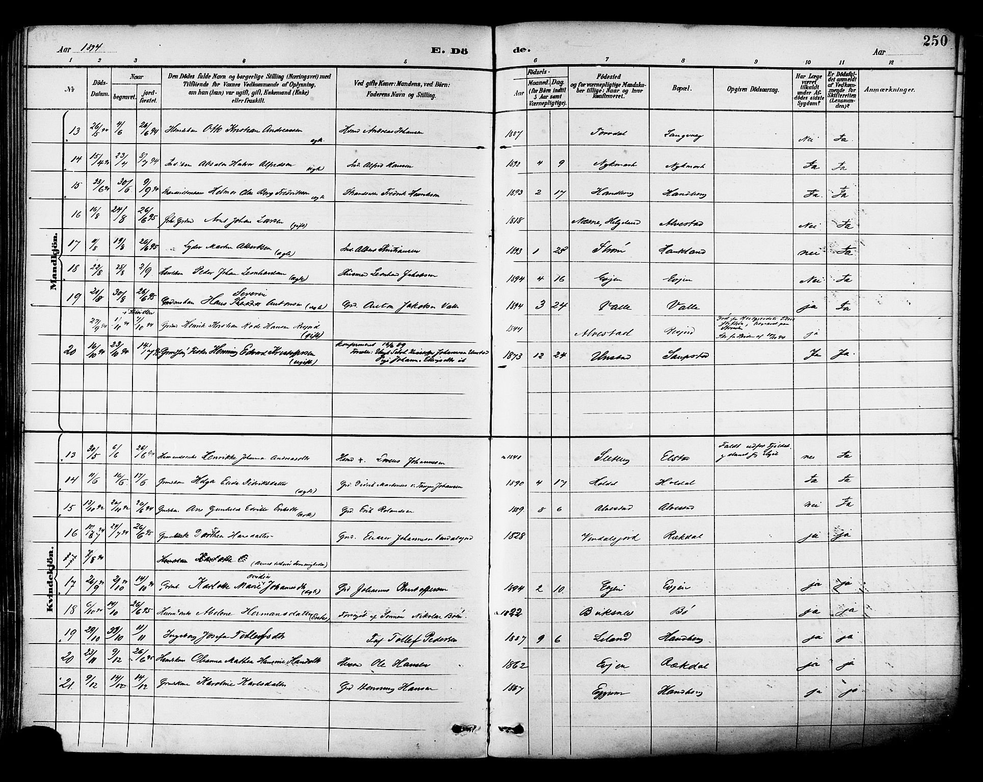 Ministerialprotokoller, klokkerbøker og fødselsregistre - Nordland, AV/SAT-A-1459/880/L1133: Parish register (official) no. 880A07, 1888-1898, p. 250