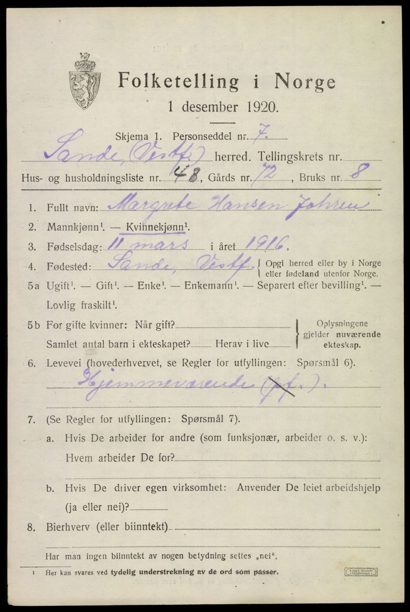 SAKO, 1920 census for Sande, 1920, p. 6130