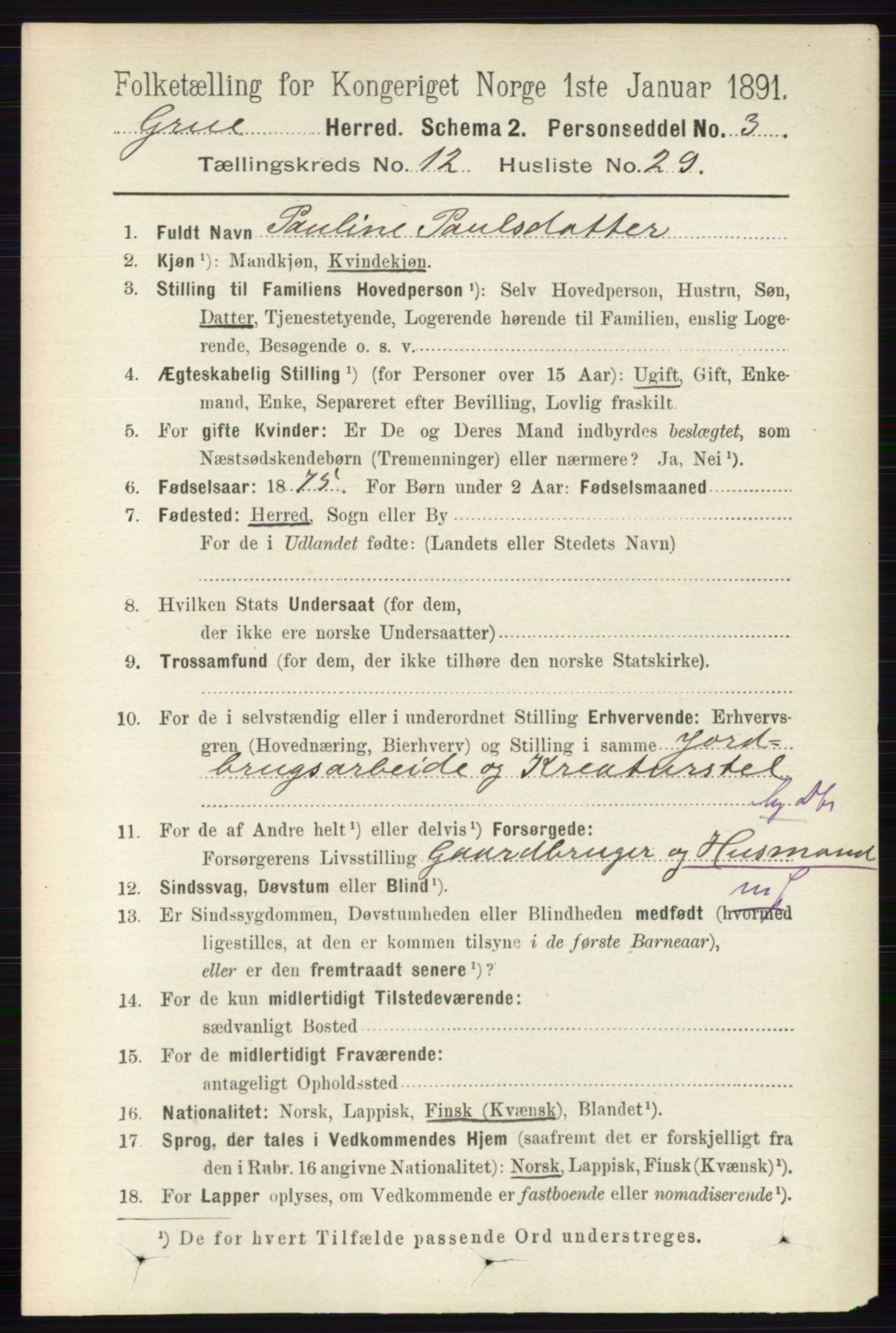 RA, 1891 census for 0423 Grue, 1891, p. 6293