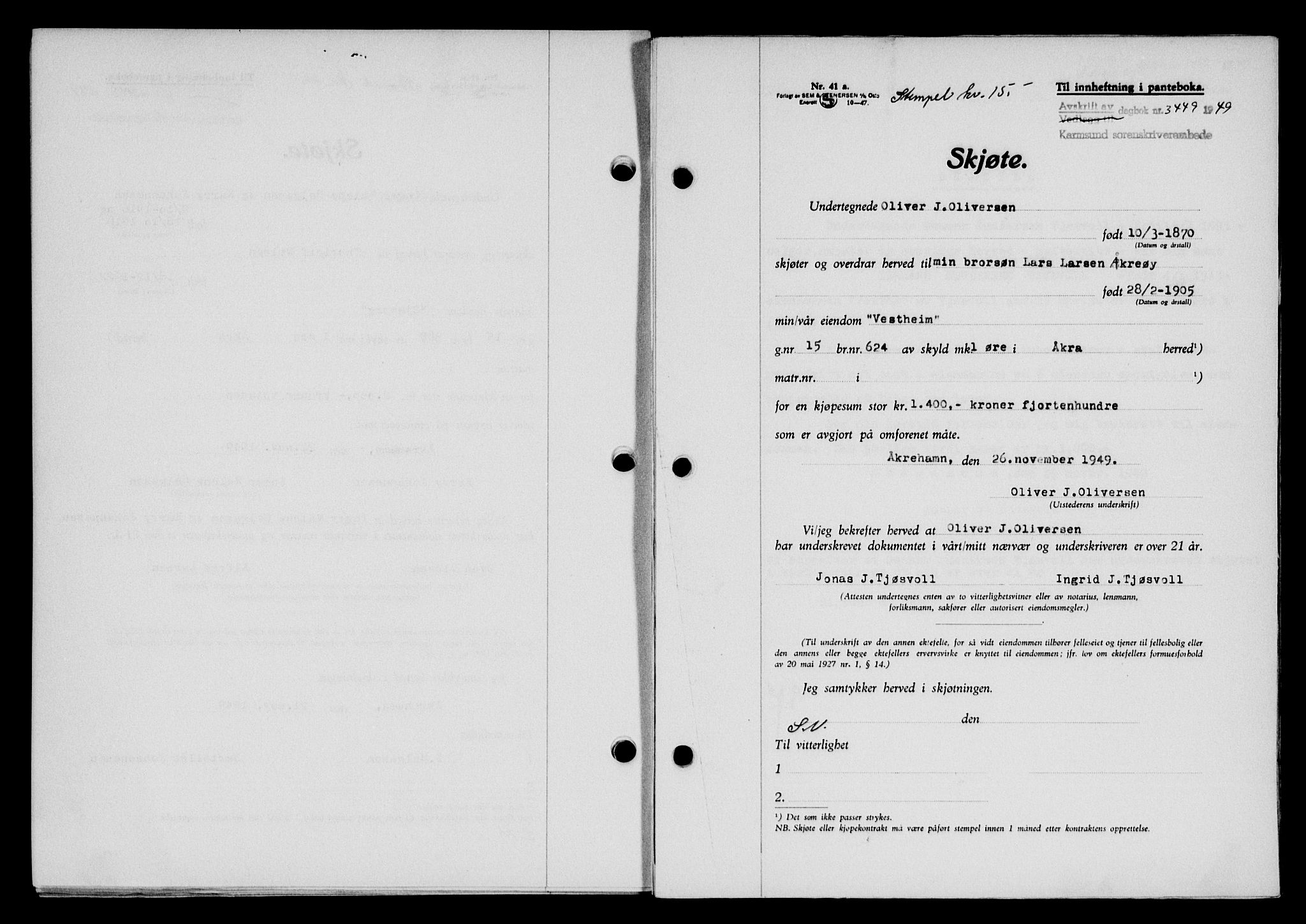 Karmsund sorenskriveri, SAST/A-100311/01/II/IIB/L0098: Mortgage book no. 78A, 1949-1950, Diary no: : 3449/1949