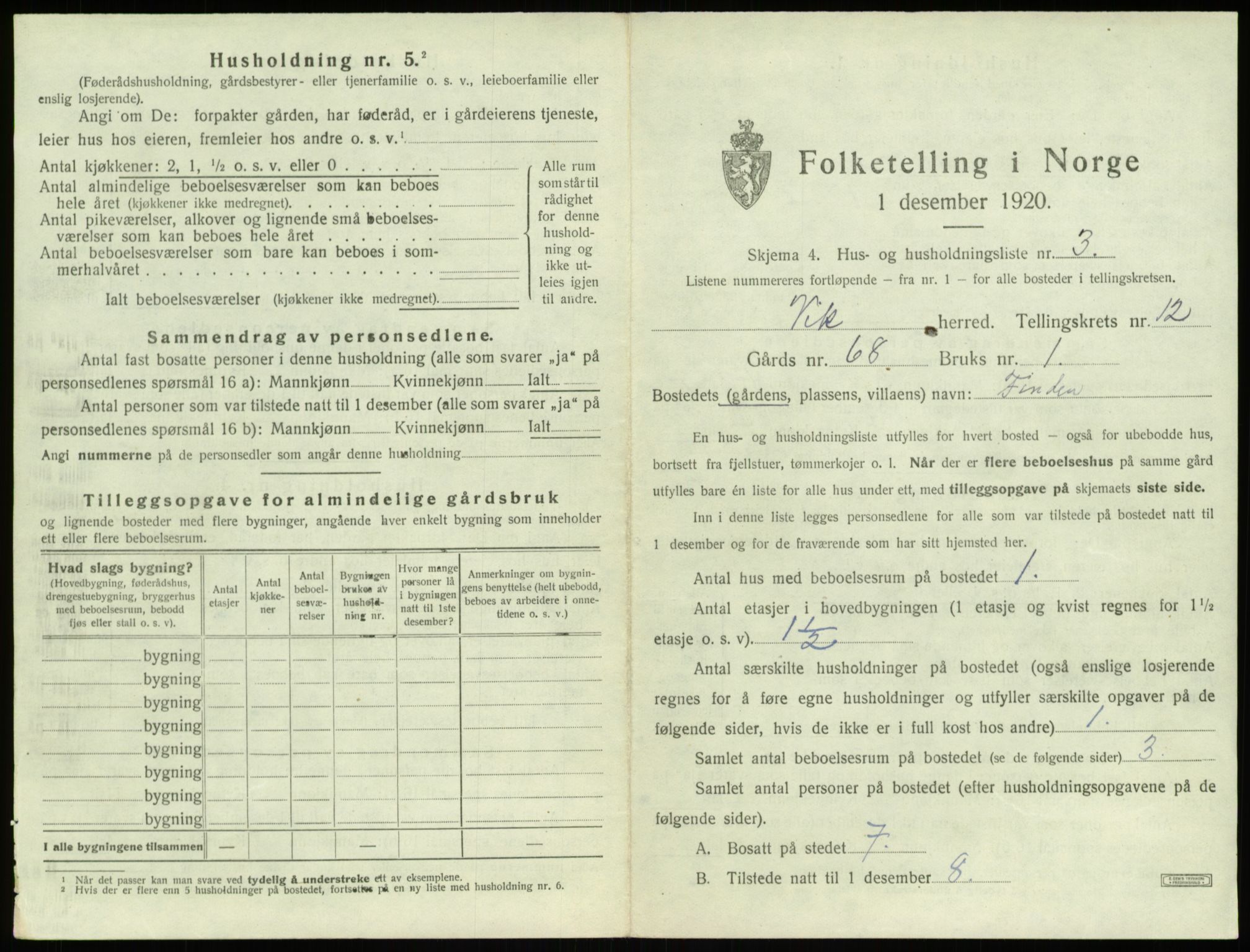 SAB, 1920 census for Vik, 1920, p. 1091