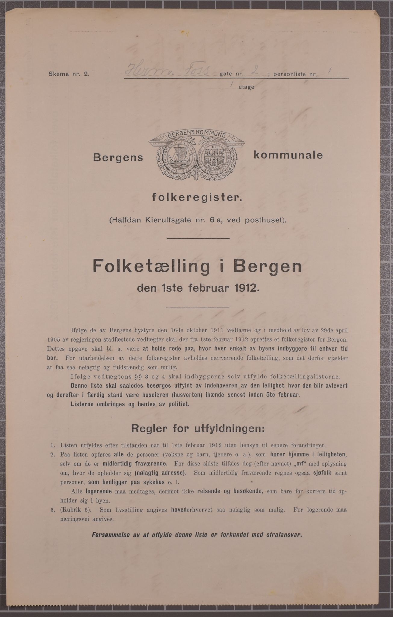 SAB, Municipal Census 1912 for Bergen, 1912, p. 2916