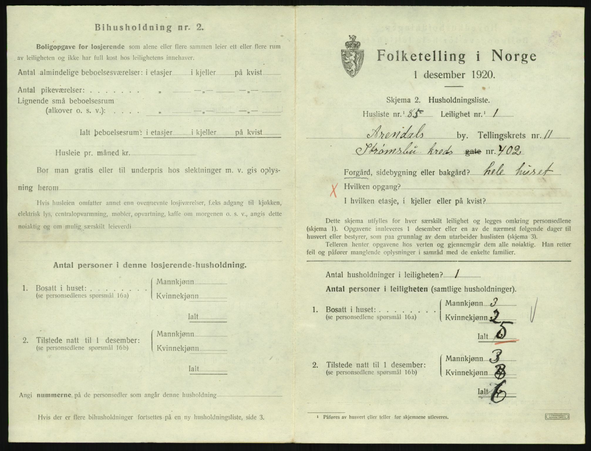 SAK, 1920 census for Arendal, 1920, p. 6494