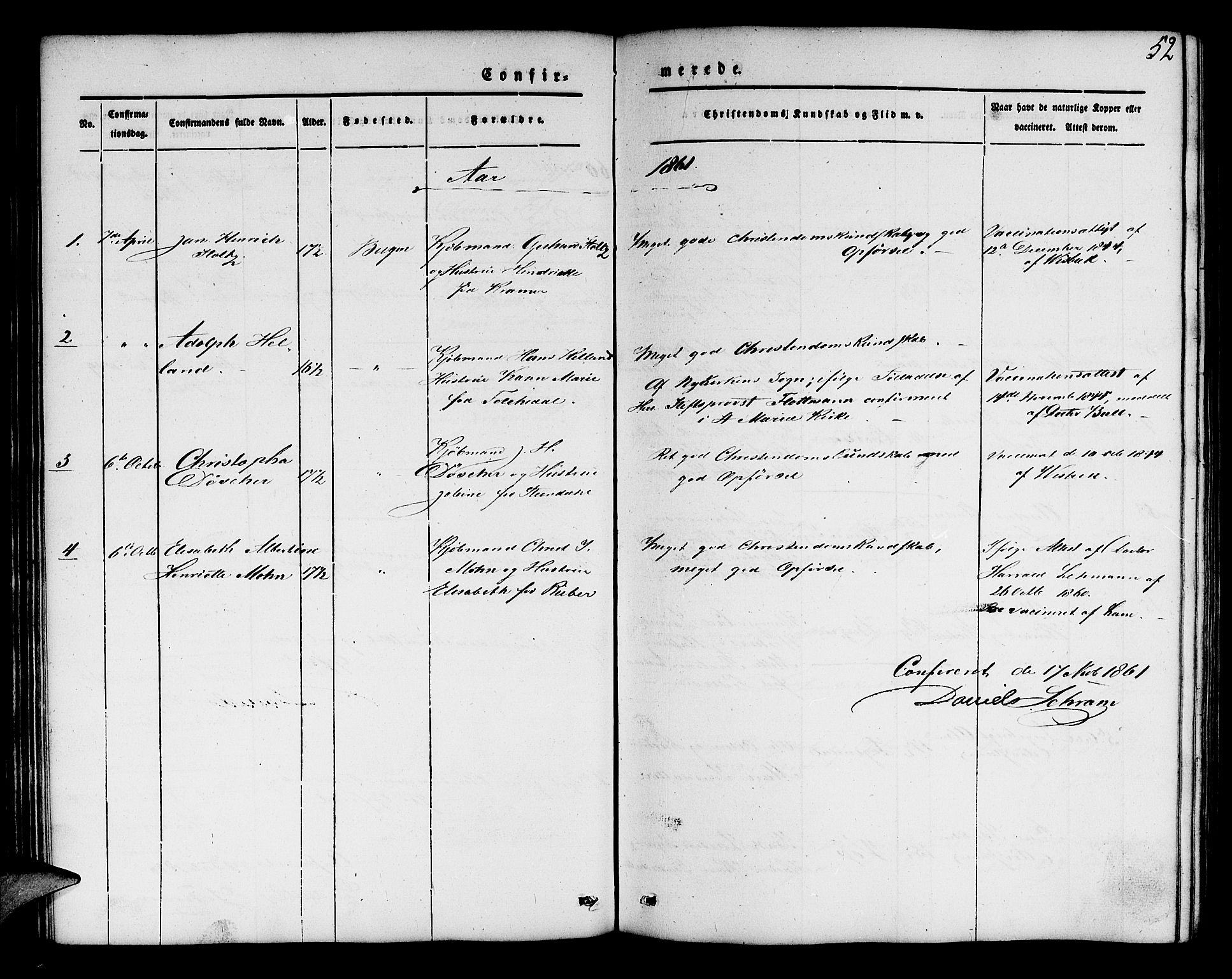 Mariakirken Sokneprestembete, SAB/A-76901/H/Hab/L0002: Parish register (copy) no. A 2, 1846-1862, p. 52