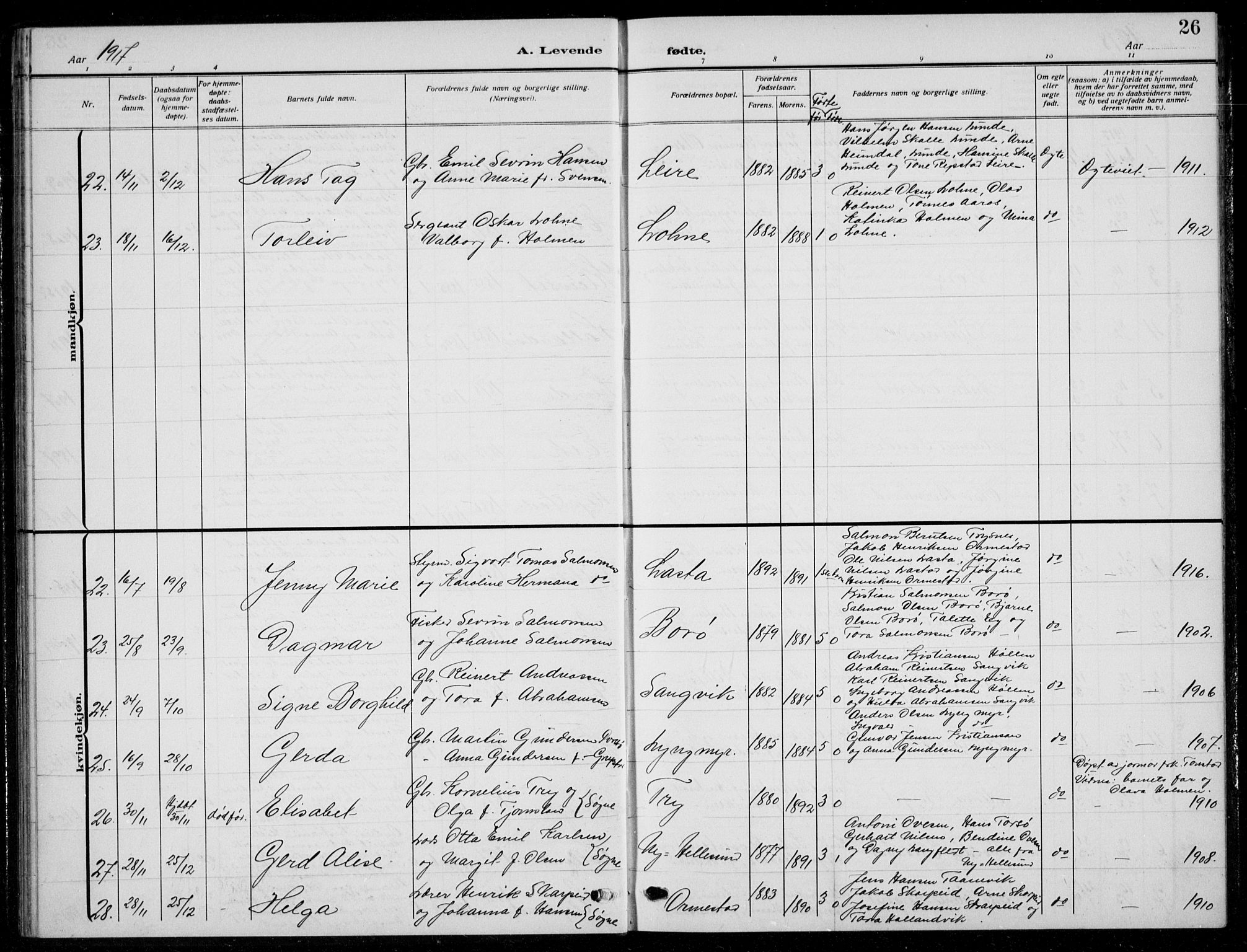 Søgne sokneprestkontor, SAK/1111-0037/F/Fb/Fbb/L0007: Parish register (copy) no. B 7, 1912-1931, p. 26