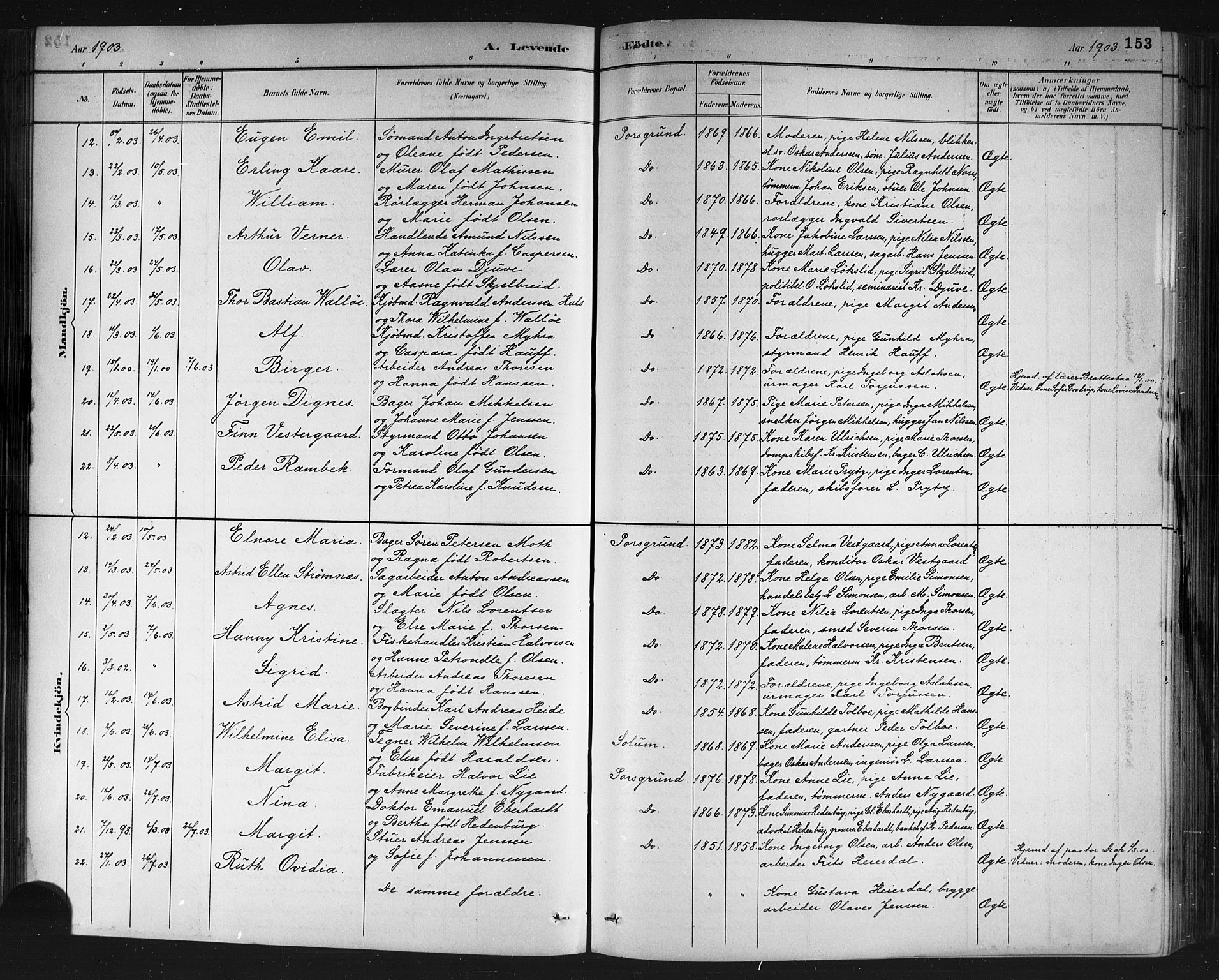 Porsgrunn kirkebøker , SAKO/A-104/G/Gb/L0005: Parish register (copy) no. II 5, 1883-1915, p. 153