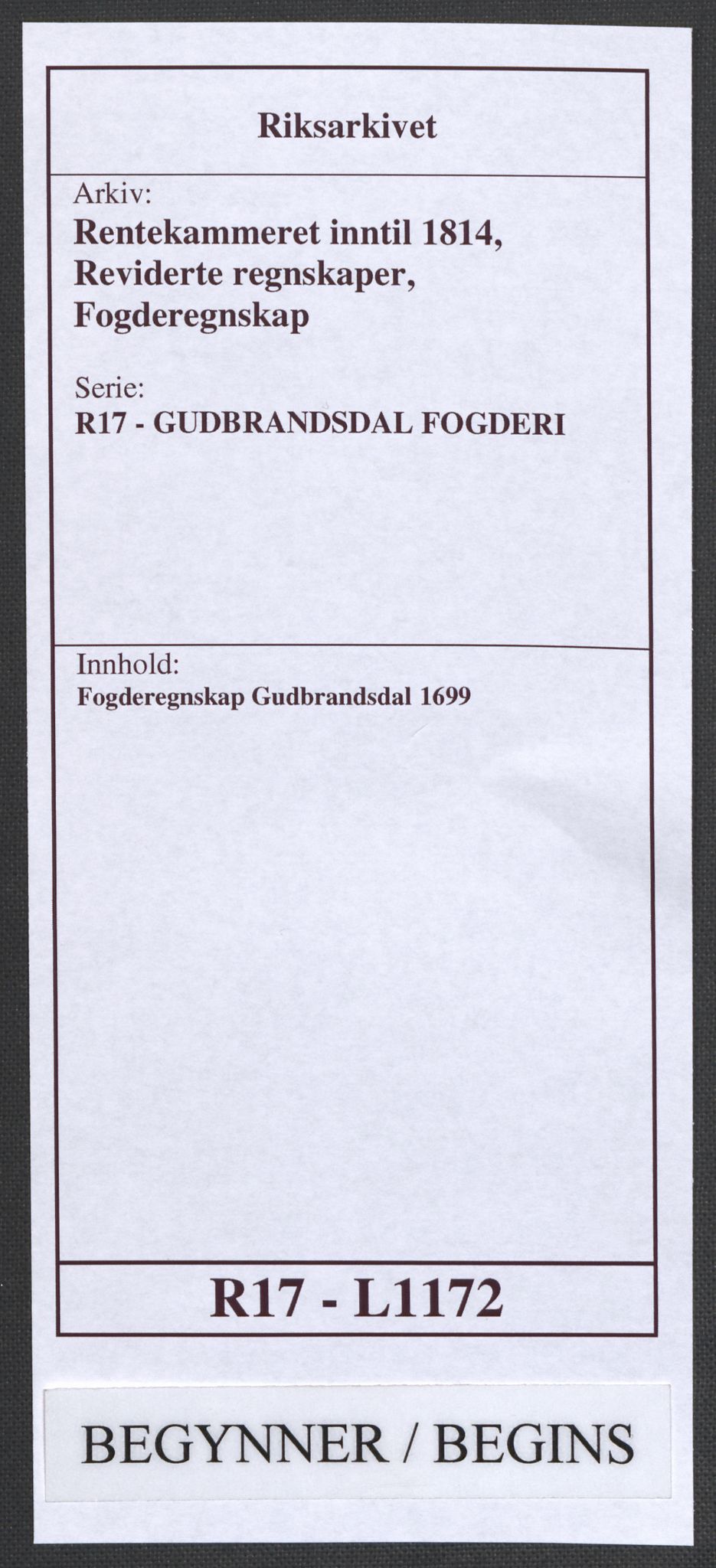 Rentekammeret inntil 1814, Reviderte regnskaper, Fogderegnskap, RA/EA-4092/R17/L1172: Fogderegnskap Gudbrandsdal, 1699, p. 1