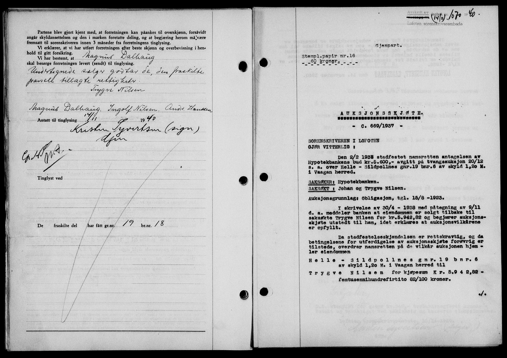 Lofoten sorenskriveri, SAT/A-0017/1/2/2C/L0008a: Mortgage book no. 8a, 1940-1941, Diary no: : 1070/1940