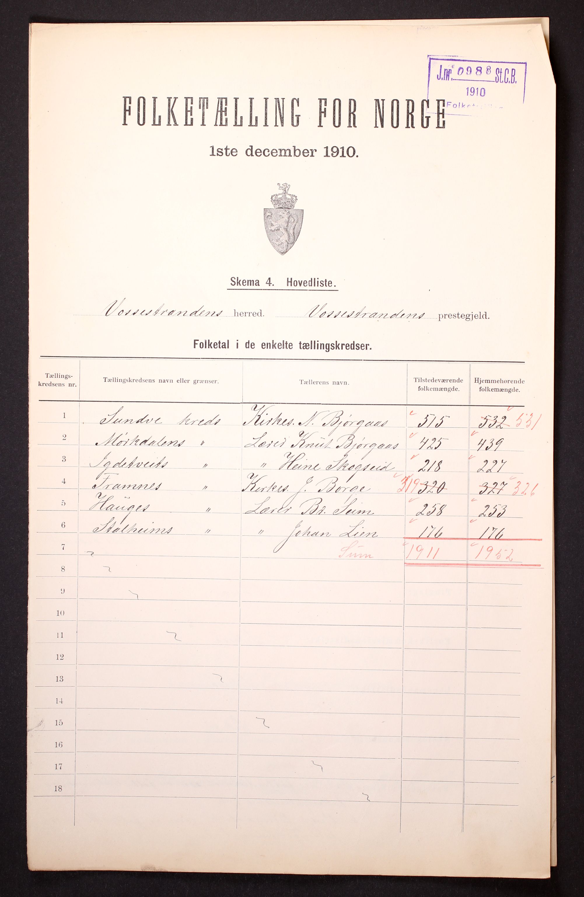 RA, 1910 census for Vossestrand, 1910, p. 2