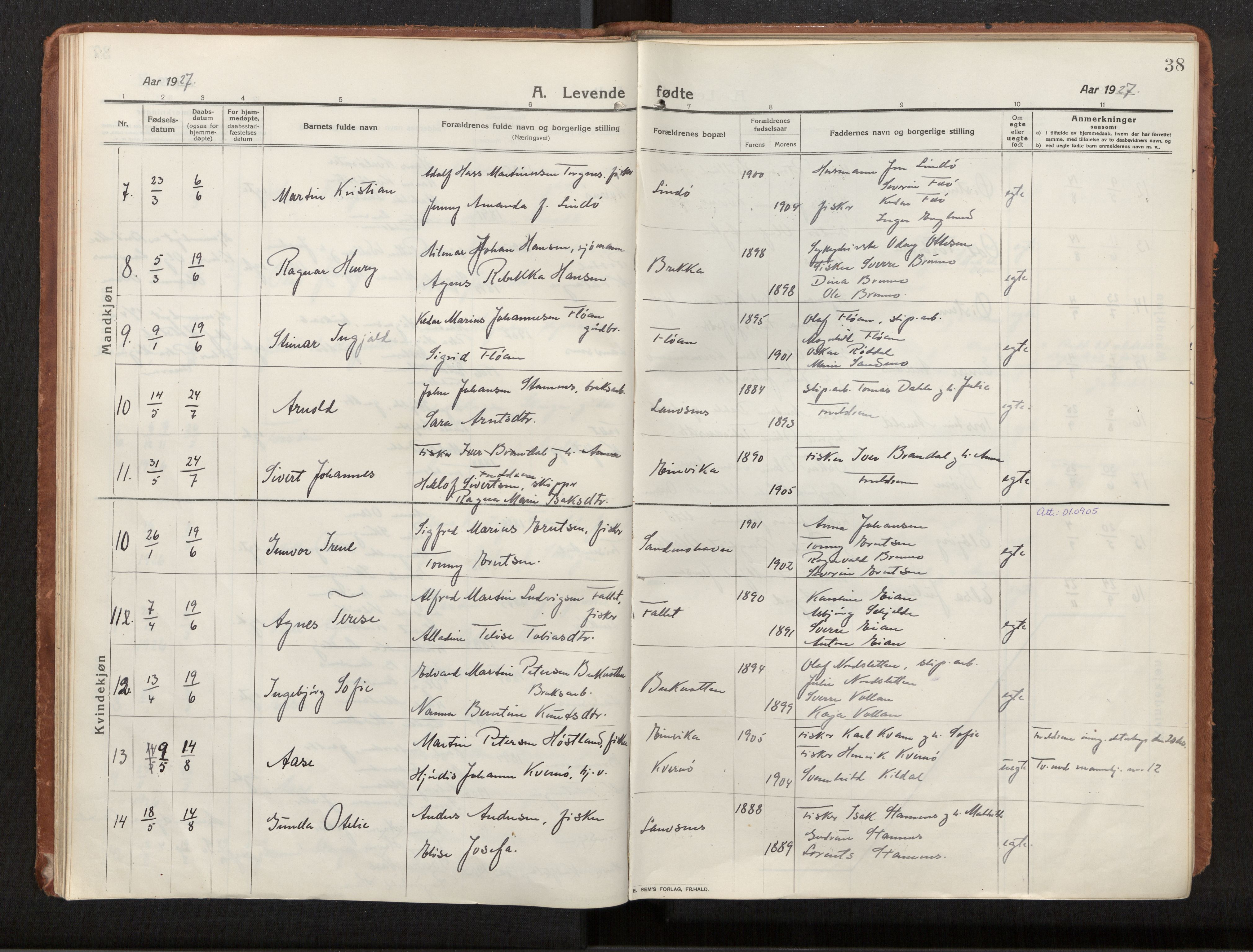 Ministerialprotokoller, klokkerbøker og fødselsregistre - Nord-Trøndelag, AV/SAT-A-1458/772/L0604: Parish register (official) no. 772A02, 1913-1937, p. 38