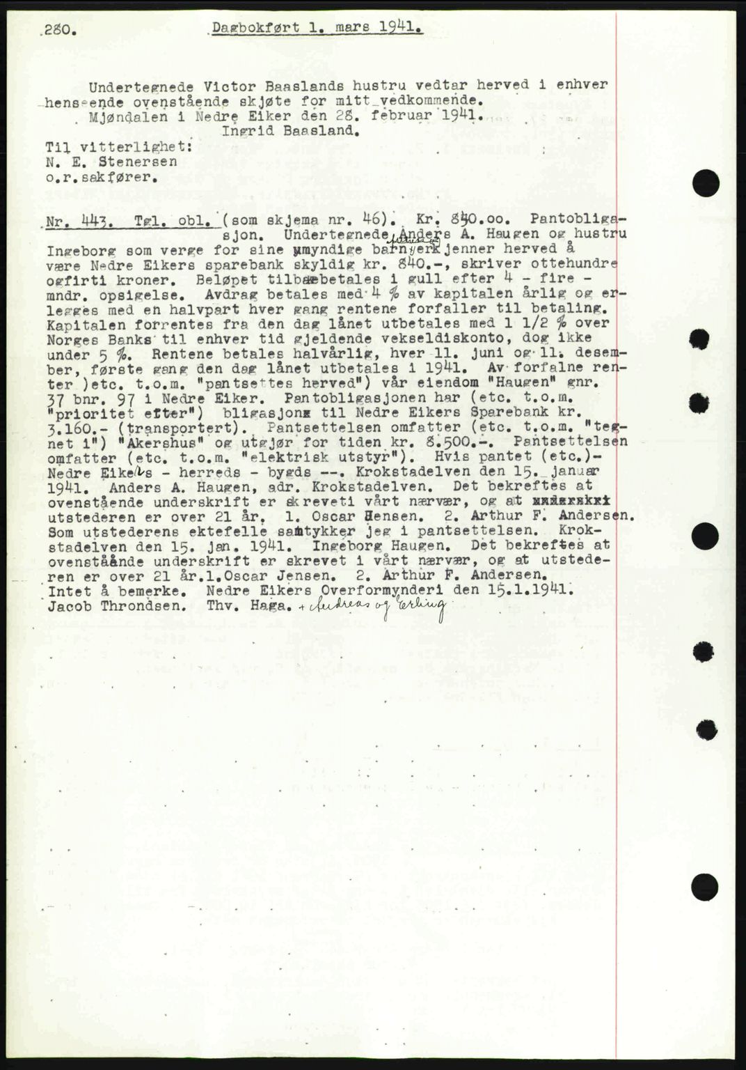 Eiker, Modum og Sigdal sorenskriveri, SAKO/A-123/G/Ga/Gab/L0043: Mortgage book no. A13, 1940-1941, Diary no: : 443/1941