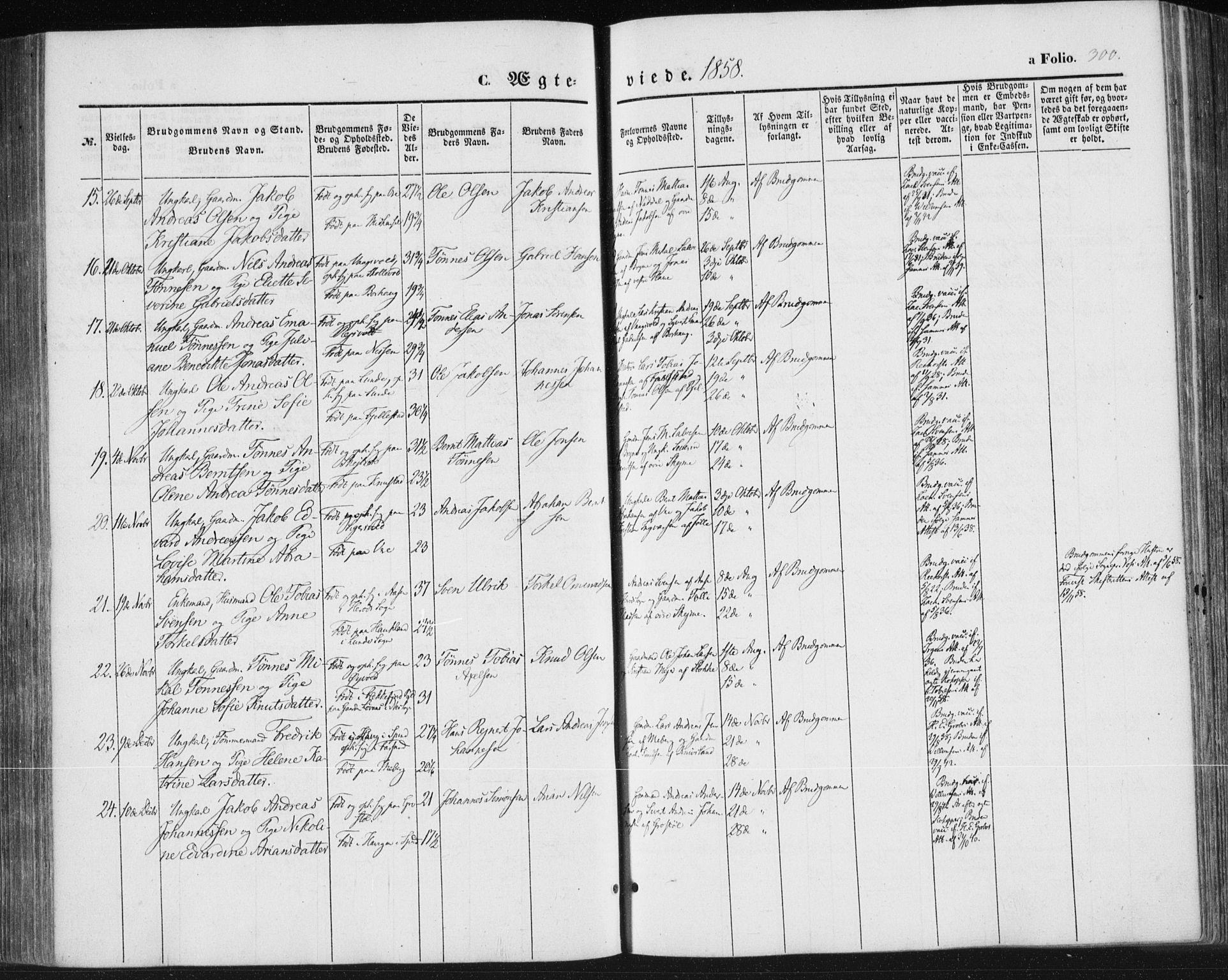 Lista sokneprestkontor, SAK/1111-0027/F/Fa/L0010: Parish register (official) no. A 10, 1846-1861, p. 300