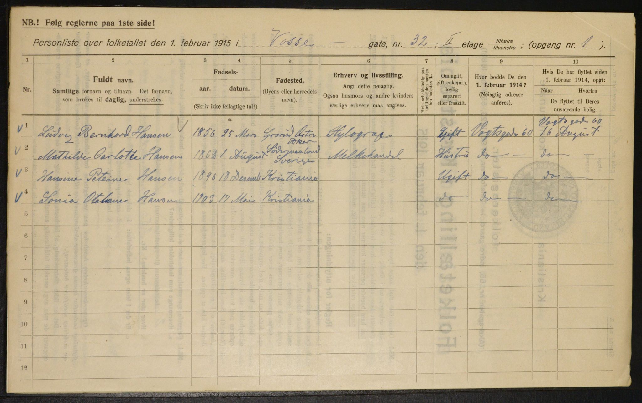 OBA, Municipal Census 1915 for Kristiania, 1915, p. 126125