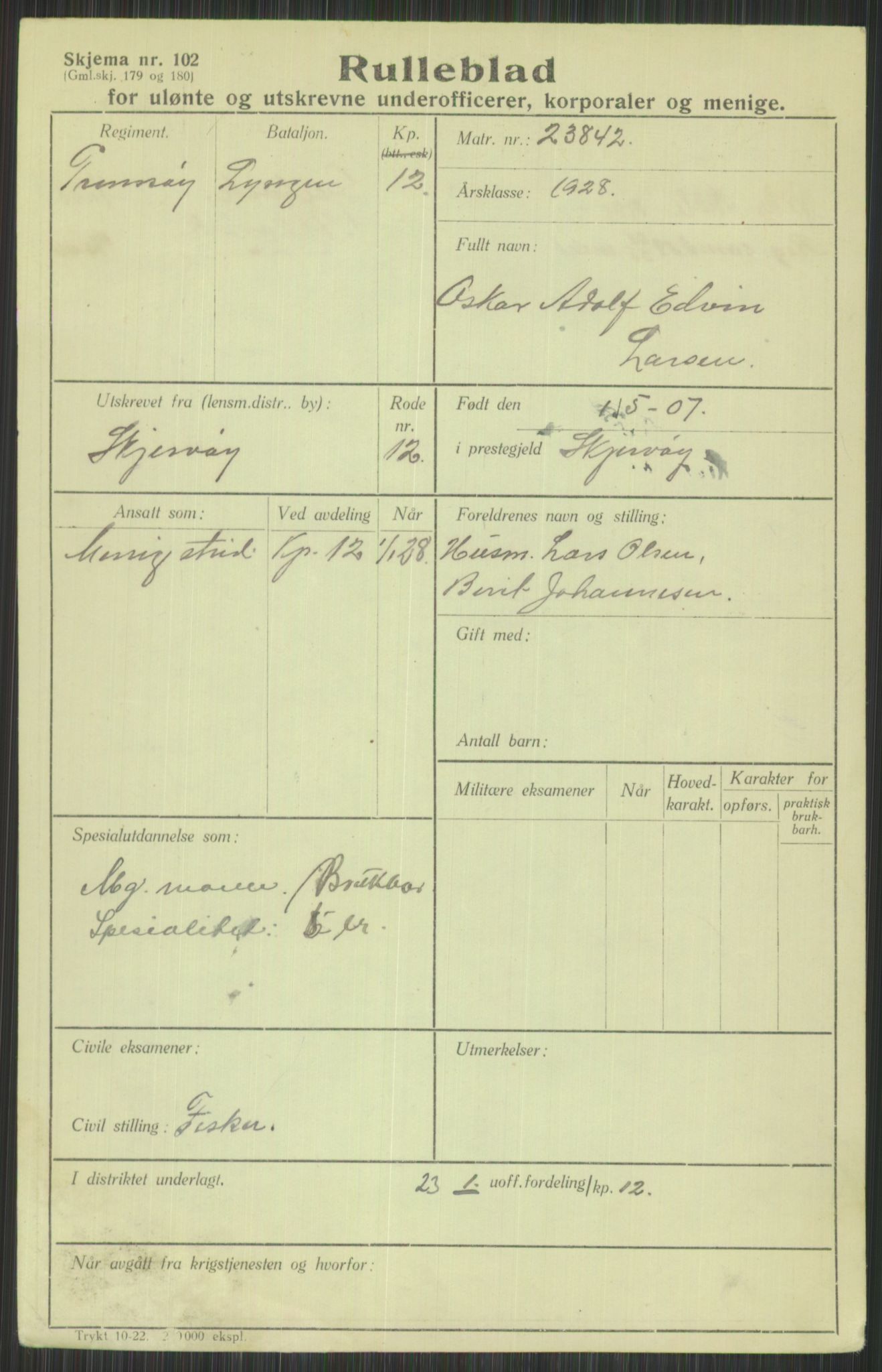 Forsvaret, Troms infanteriregiment nr. 16, AV/RA-RAFA-3146/P/Pa/L0013/0003: Rulleblad / Rulleblad for regimentets menige mannskaper, årsklasse 1928, 1928, p. 445