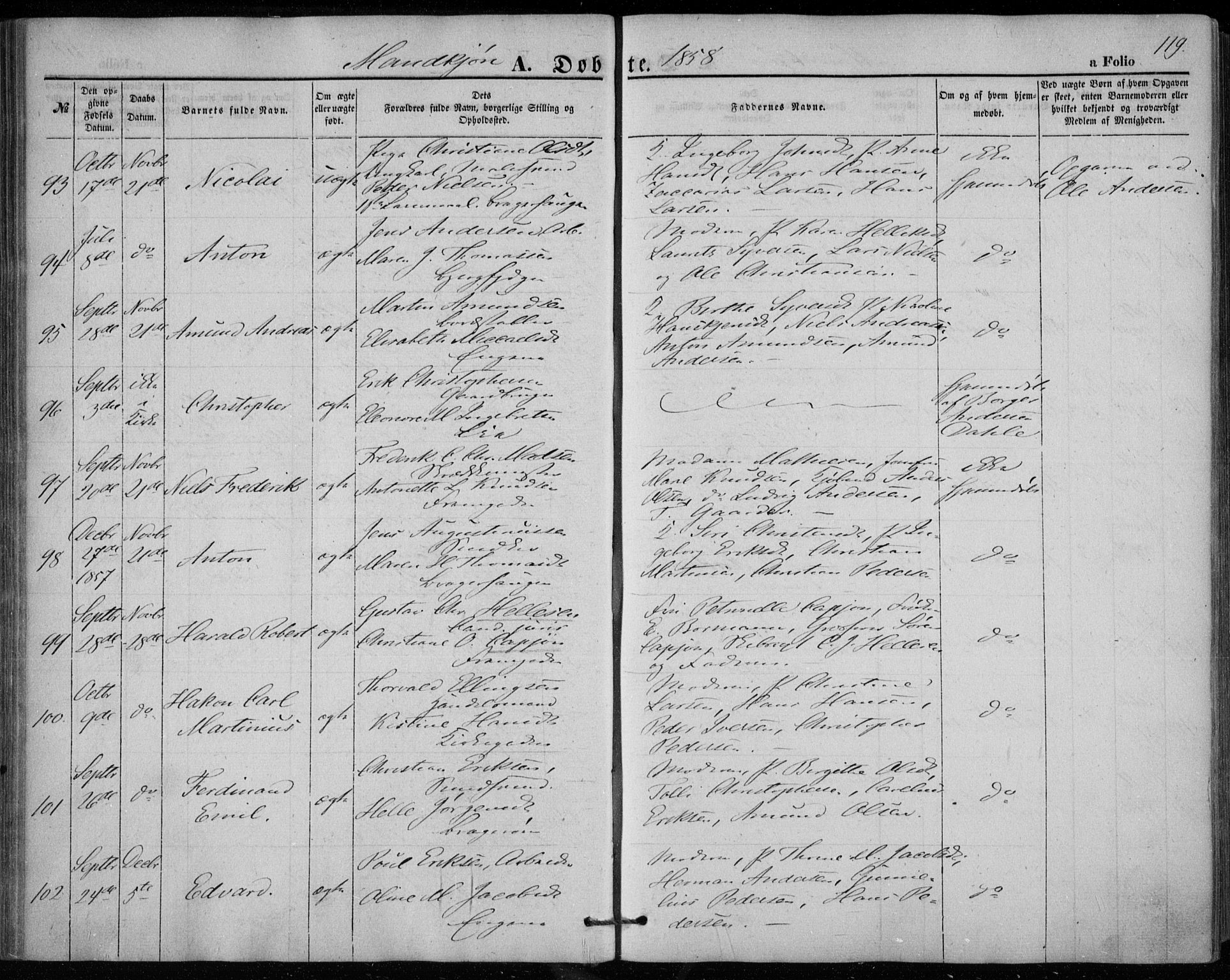 Bragernes kirkebøker, AV/SAKO-A-6/F/Fb/L0002: Parish register (official) no. II 2, 1848-1859, p. 119