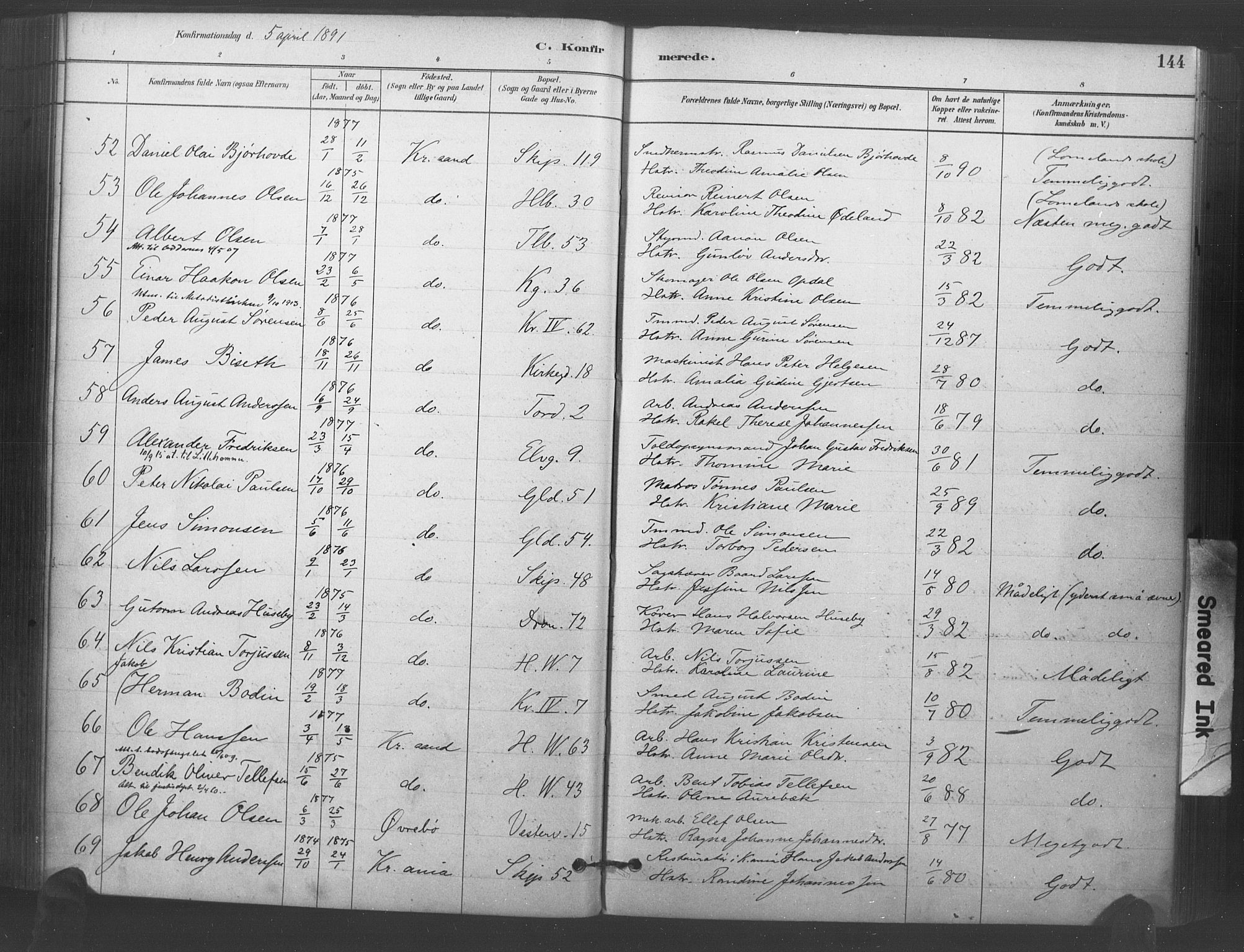 Kristiansand domprosti, SAK/1112-0006/F/Fa/L0018: Parish register (official) no. A 17, 1880-1892, p. 144