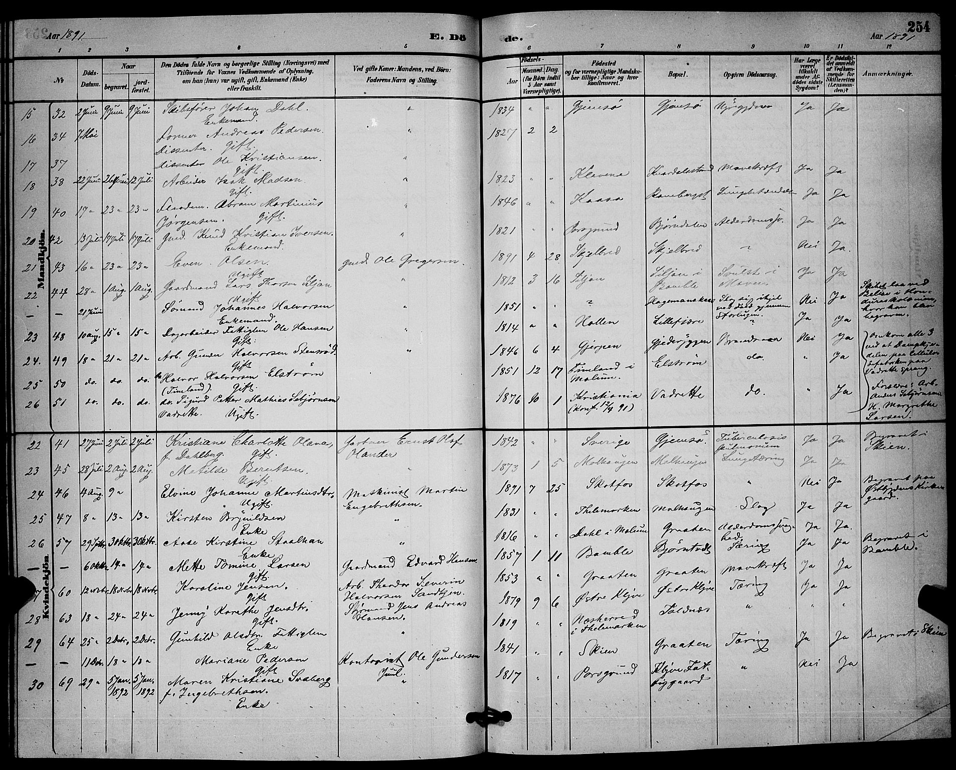 Solum kirkebøker, AV/SAKO-A-306/G/Ga/L0007: Parish register (copy) no. I 7, 1884-1898, p. 254