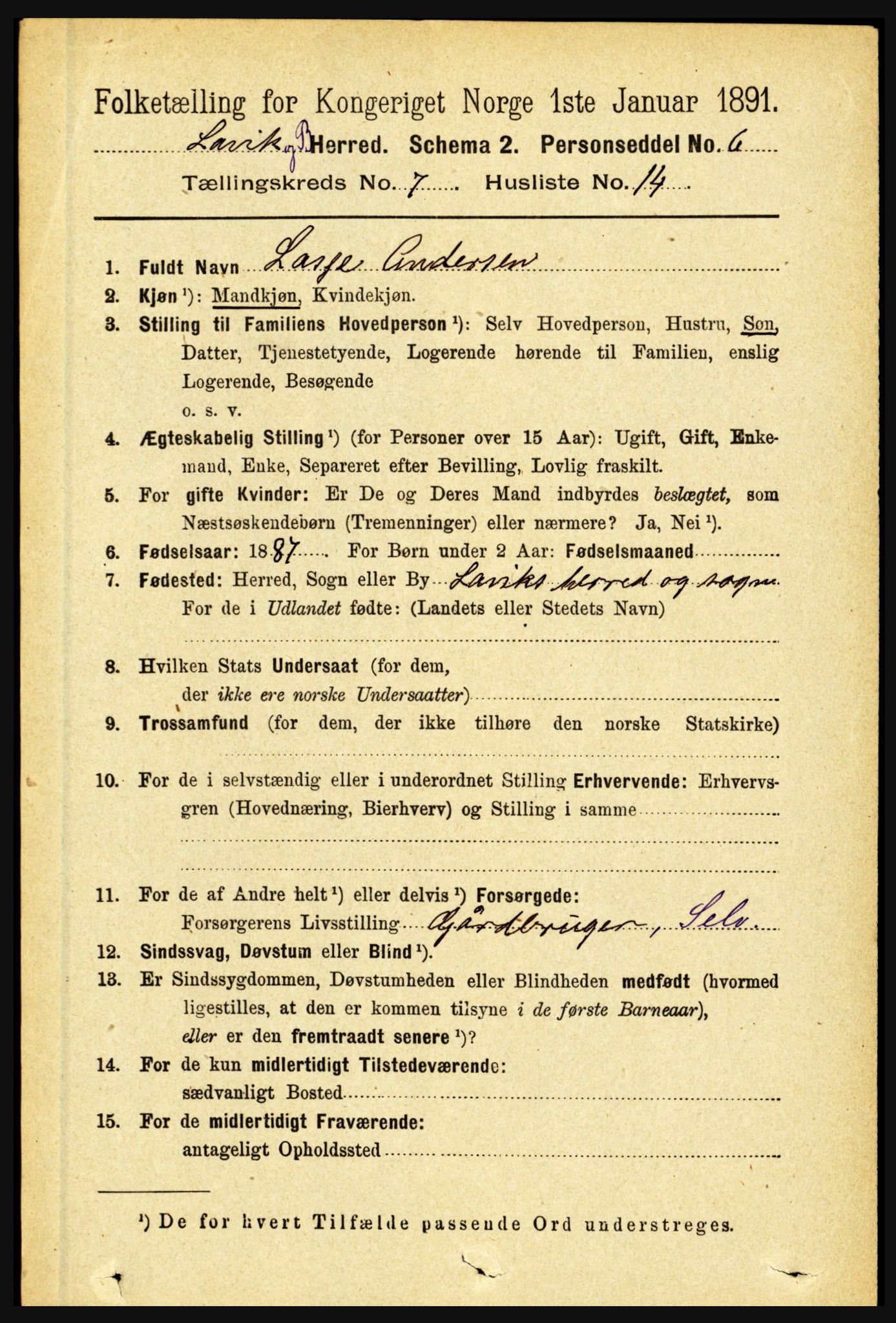 RA, 1891 census for 1415 Lavik og Brekke, 1891, p. 1447