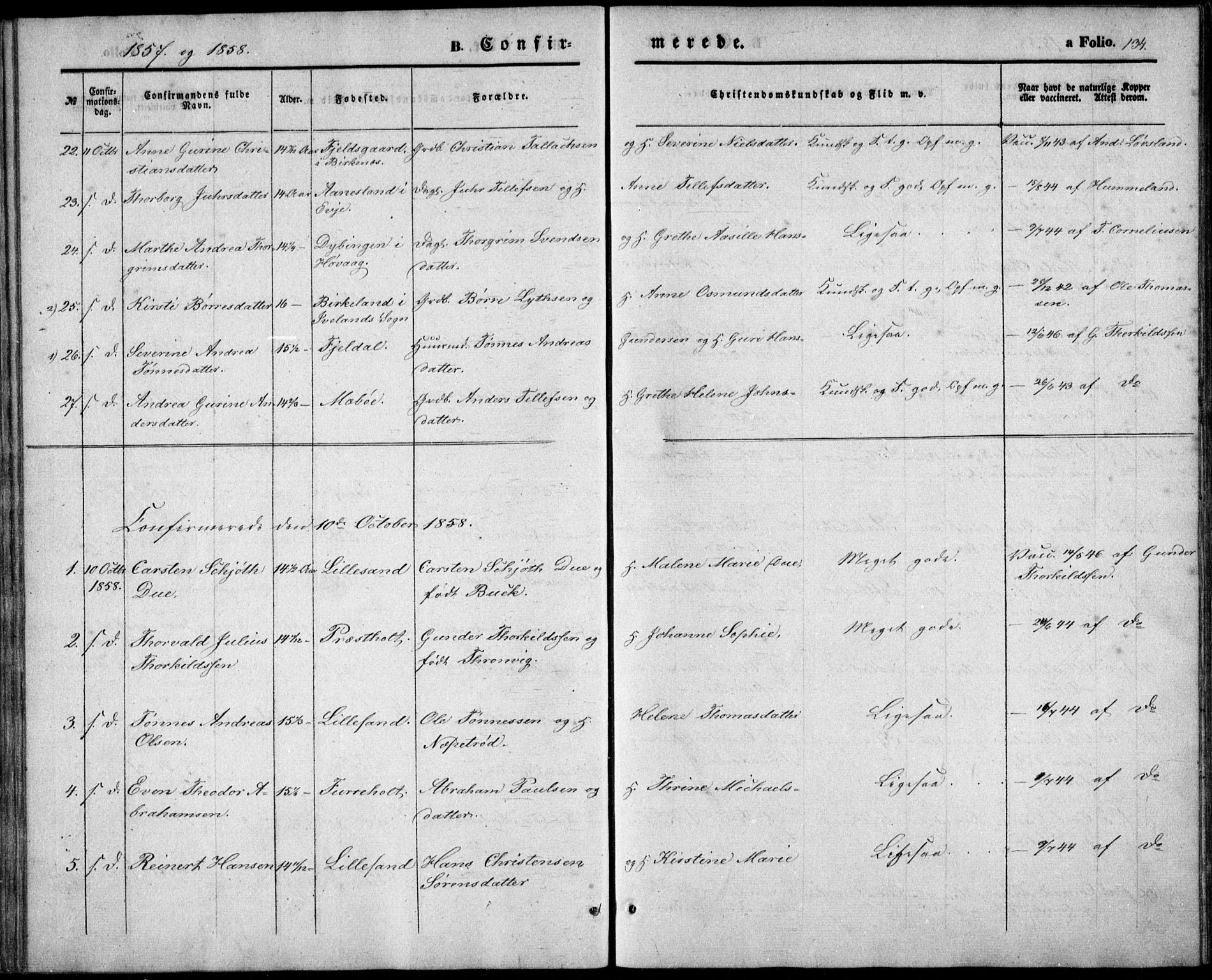 Vestre Moland sokneprestkontor, SAK/1111-0046/F/Fb/Fbb/L0003: Parish register (copy) no. B 3, 1851-1861, p. 134