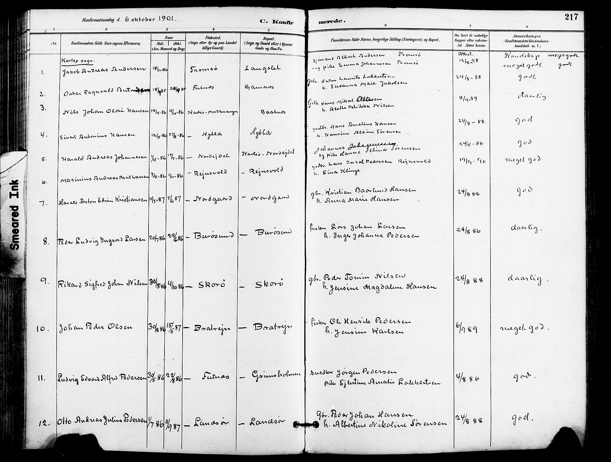 Karlsøy sokneprestembete, AV/SATØ-S-1299/H/Ha/Haa/L0007kirke: Parish register (official) no. 7, 1891-1902, p. 217