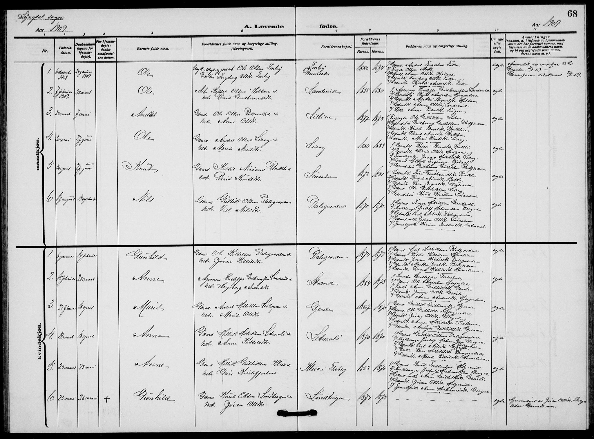 Flesberg kirkebøker, AV/SAKO-A-18/G/Ga/L0006: Parish register (copy) no. I 6, 1909-1924, p. 68