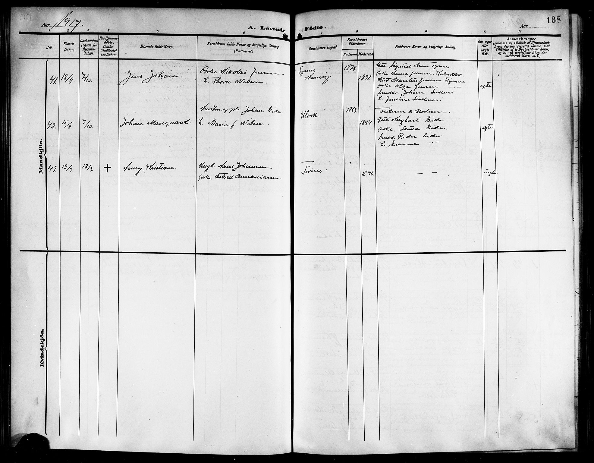 Ministerialprotokoller, klokkerbøker og fødselsregistre - Nordland, AV/SAT-A-1459/861/L0877: Parish register (copy) no. 861C03, 1903-1919, p. 138