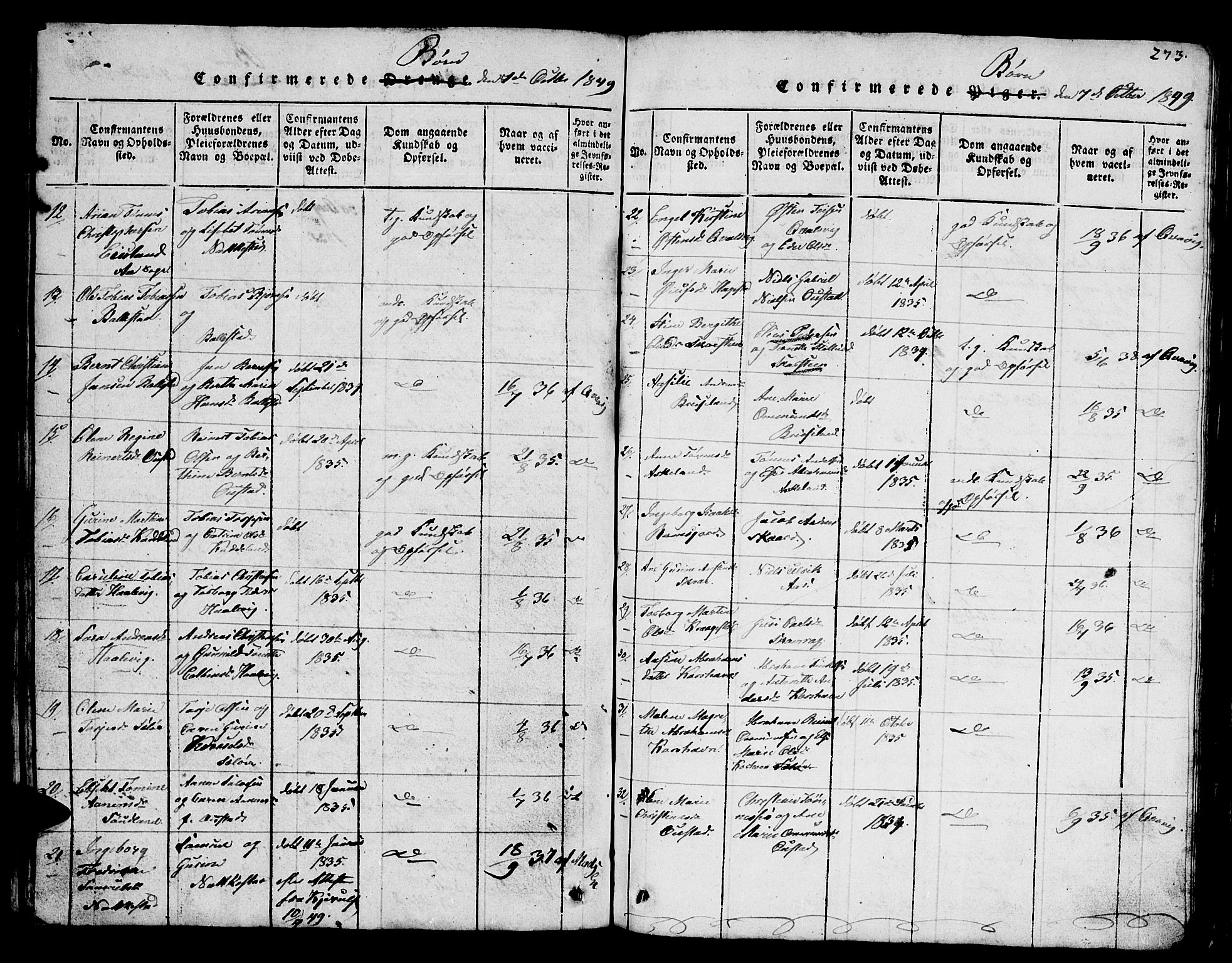 Lyngdal sokneprestkontor, AV/SAK-1111-0029/F/Fb/Fba/L0001: Parish register (copy) no. B 1, 1816-1876, p. 273