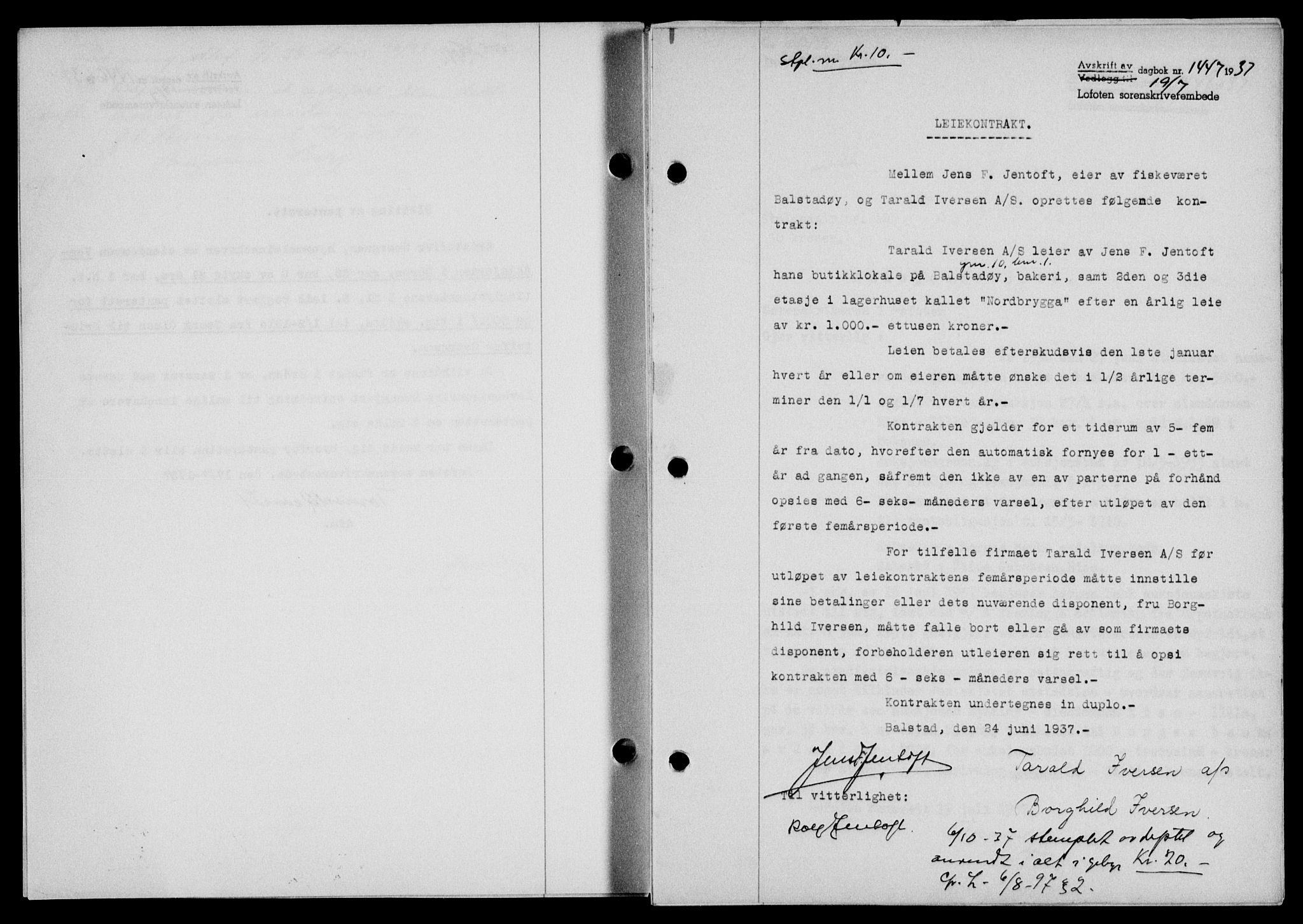 Lofoten sorenskriveri, SAT/A-0017/1/2/2C/L0002a: Mortgage book no. 2a, 1937-1937, Diary no: : 1447/1937