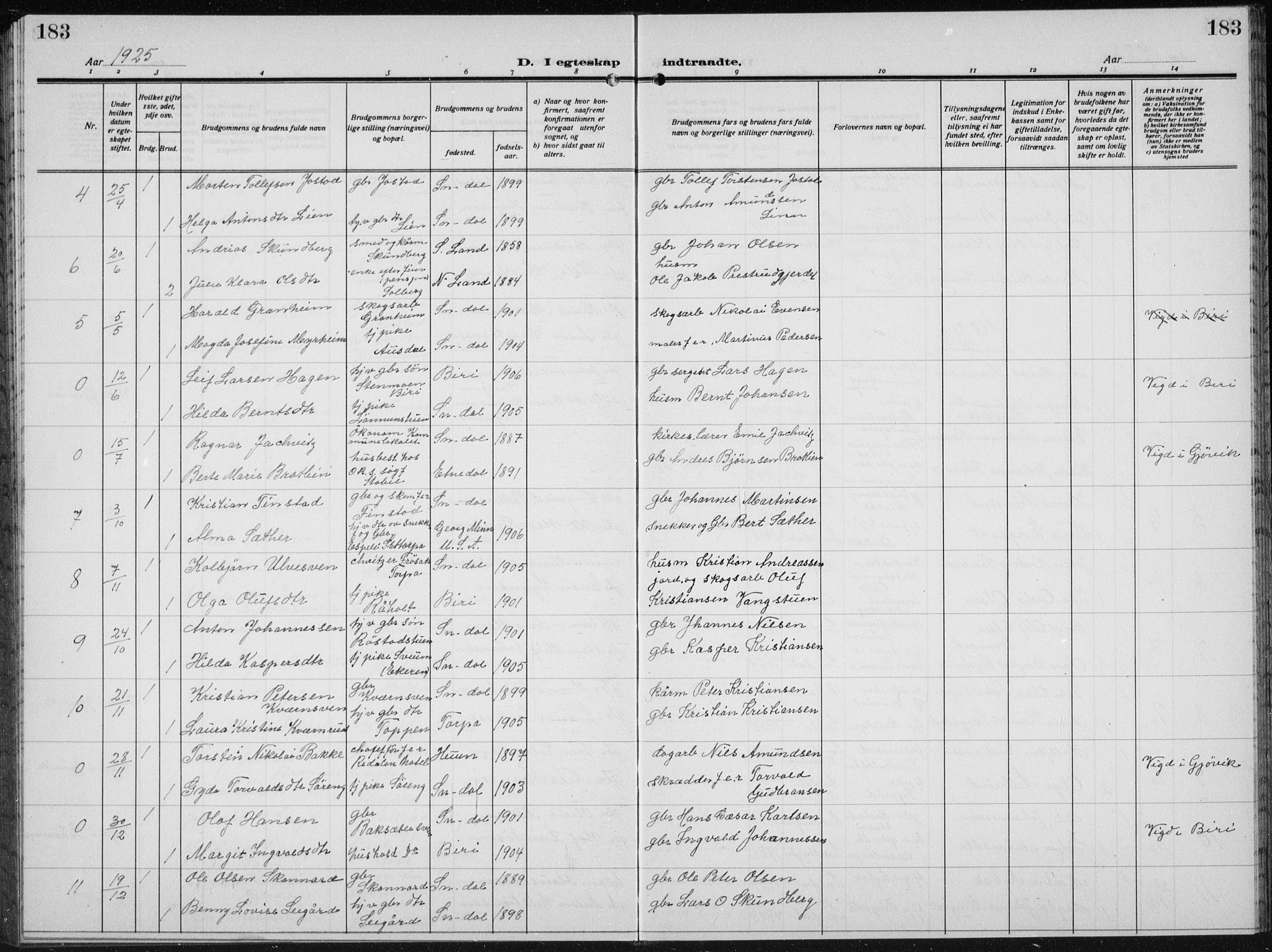 Biri prestekontor, AV/SAH-PREST-096/H/Ha/Hab/L0007: Parish register (copy) no. 7, 1919-1941, p. 183