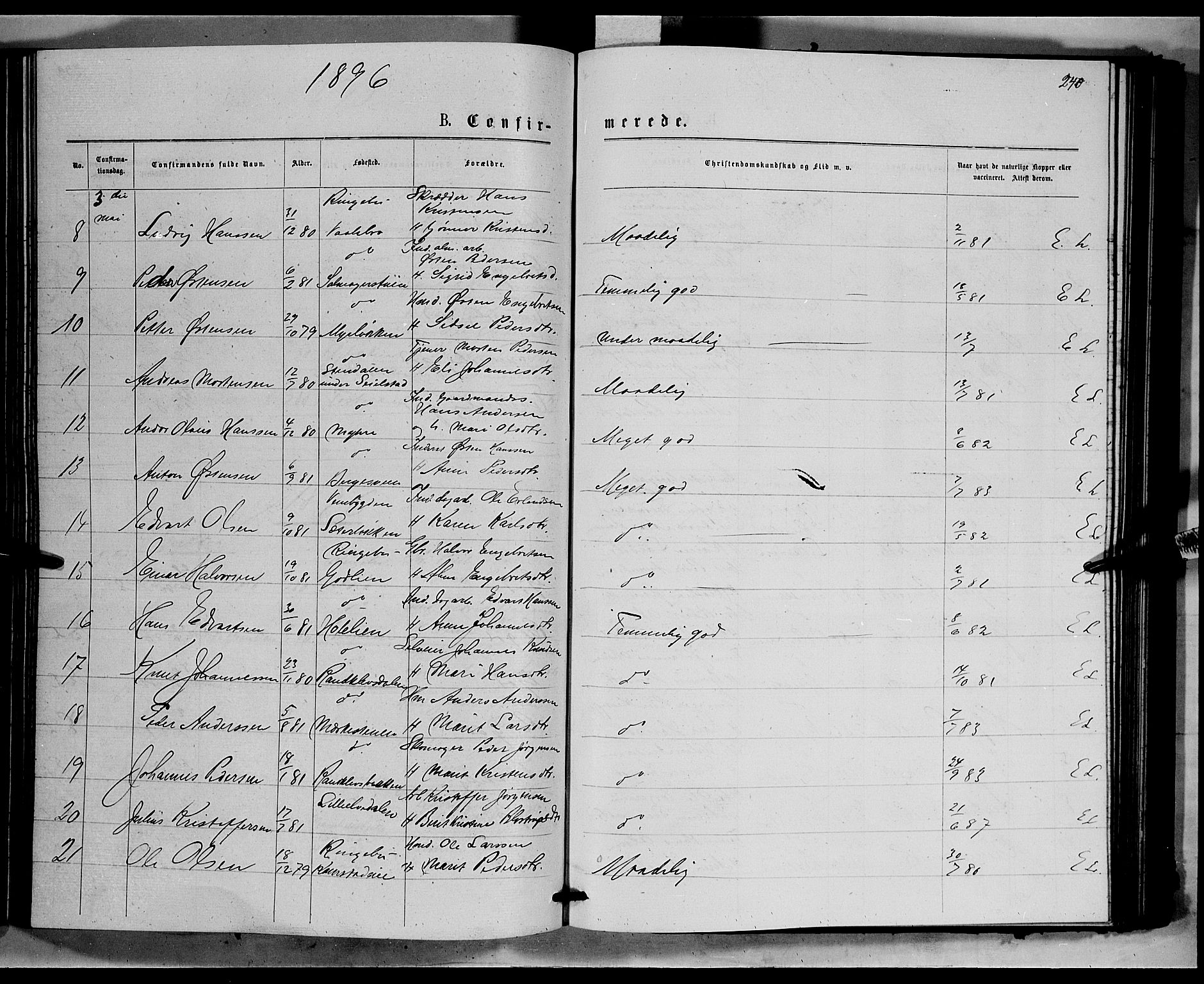 Ringebu prestekontor, SAH/PREST-082/H/Ha/Hab/L0006: Parish register (copy) no. 6, 1880-1898, p. 240