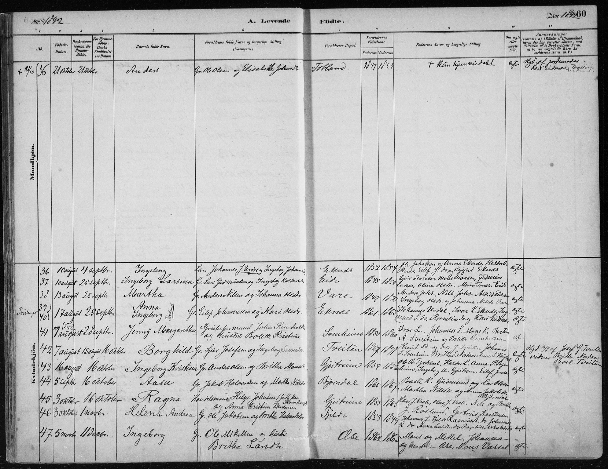 Hosanger sokneprestembete, AV/SAB-A-75801/H/Haa: Parish register (official) no. B  1, 1880-1896, p. 60