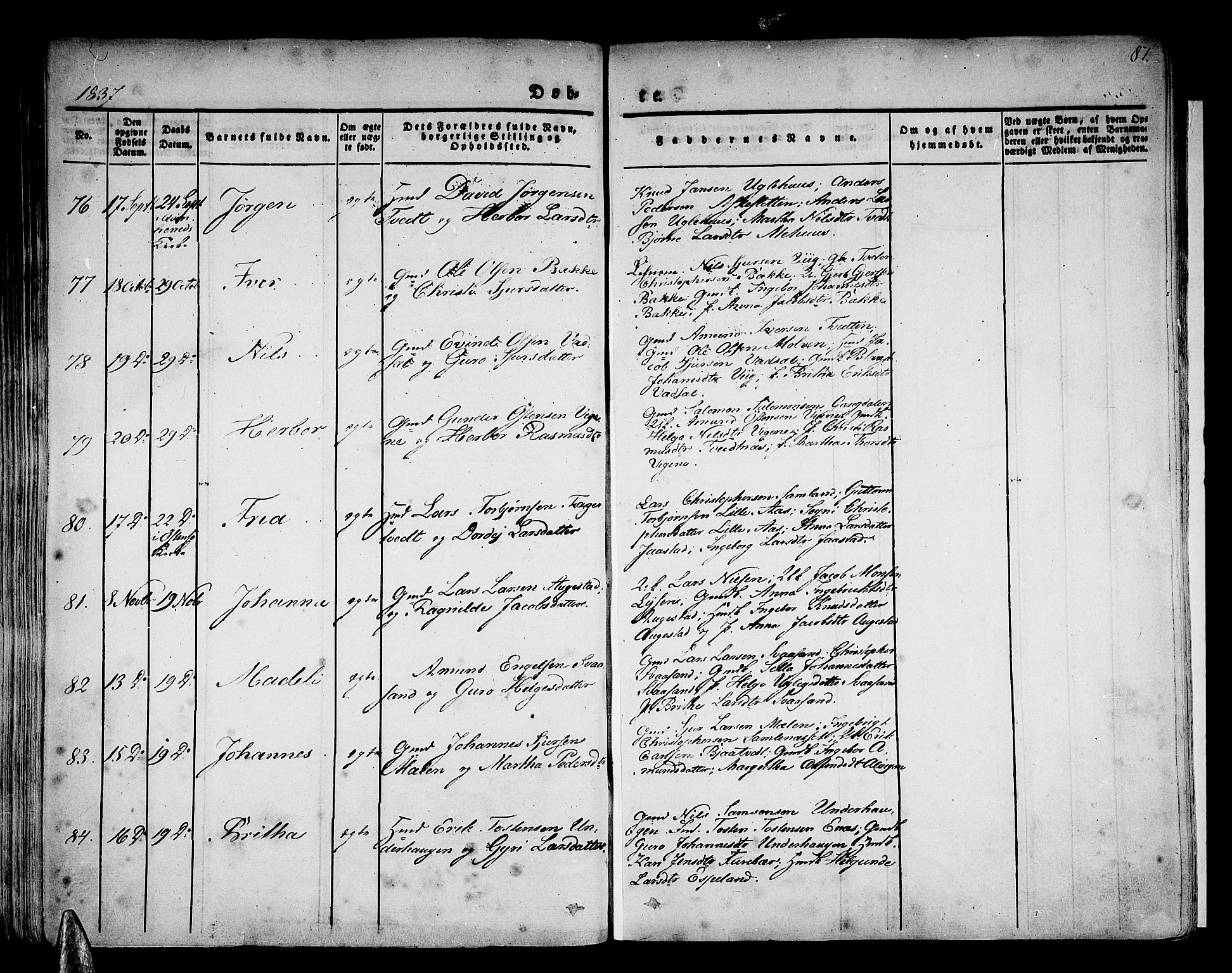 Strandebarm sokneprestembete, AV/SAB-A-78401/H/Haa: Parish register (official) no. A 6, 1826-1843, p. 87