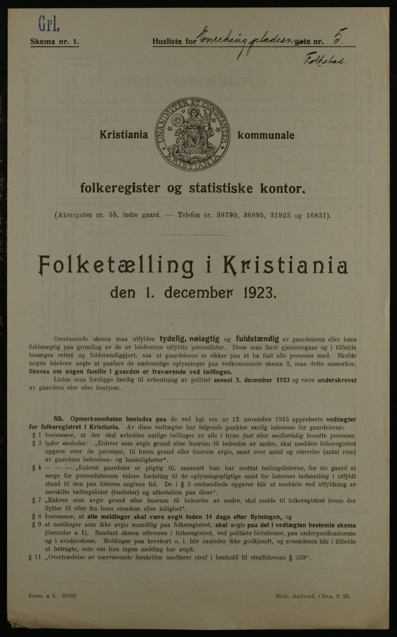 OBA, Municipal Census 1923 for Kristiania, 1923, p. 24245