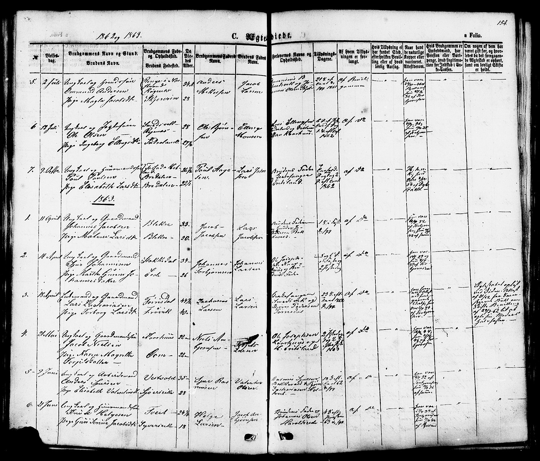 Skjold sokneprestkontor, AV/SAST-A-101847/H/Ha/Haa/L0007: Parish register (official) no. A 7, 1857-1882, p. 154