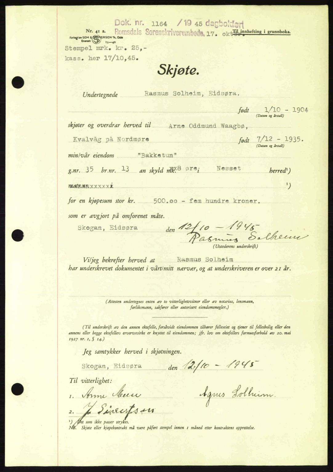 Romsdal sorenskriveri, AV/SAT-A-4149/1/2/2C: Mortgage book no. A18, 1945-1945, Diary no: : 1164/1945