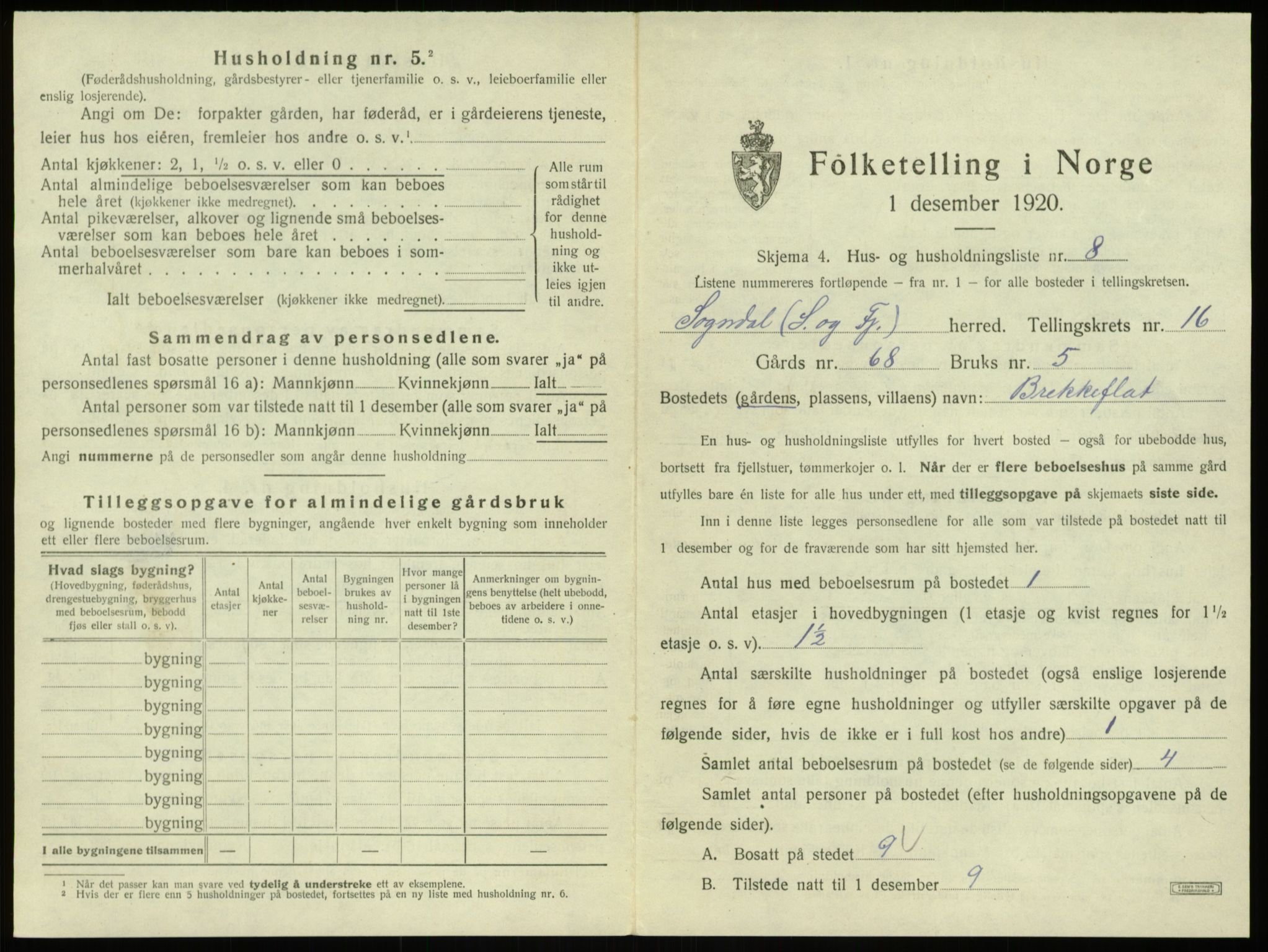 SAB, 1920 census for Sogndal, 1920, p. 868