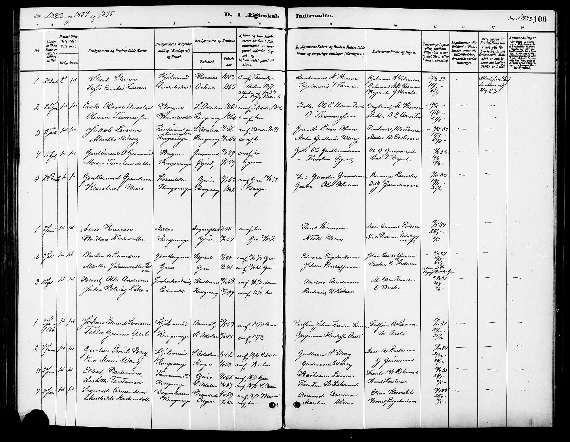 Vinger prestekontor, SAH/PREST-024/H/Ha/Haa/L0013: Parish register (official) no. 13, 1881-1897, p. 106