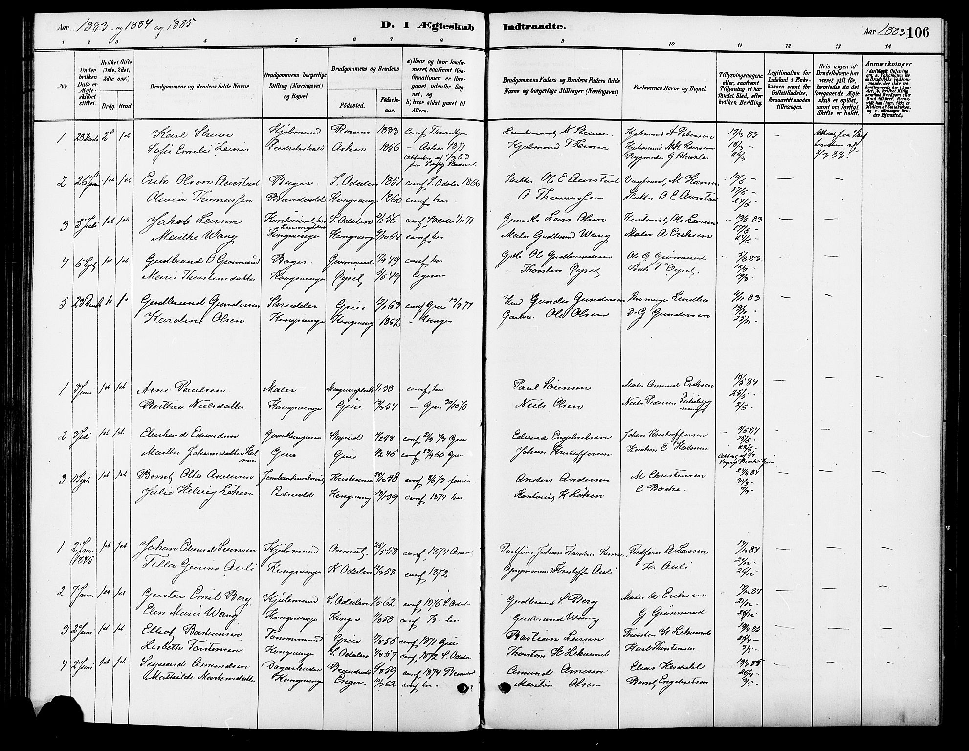 Vinger prestekontor, AV/SAH-PREST-024/H/Ha/Haa/L0013: Parish register (official) no. 13, 1881-1897, p. 106