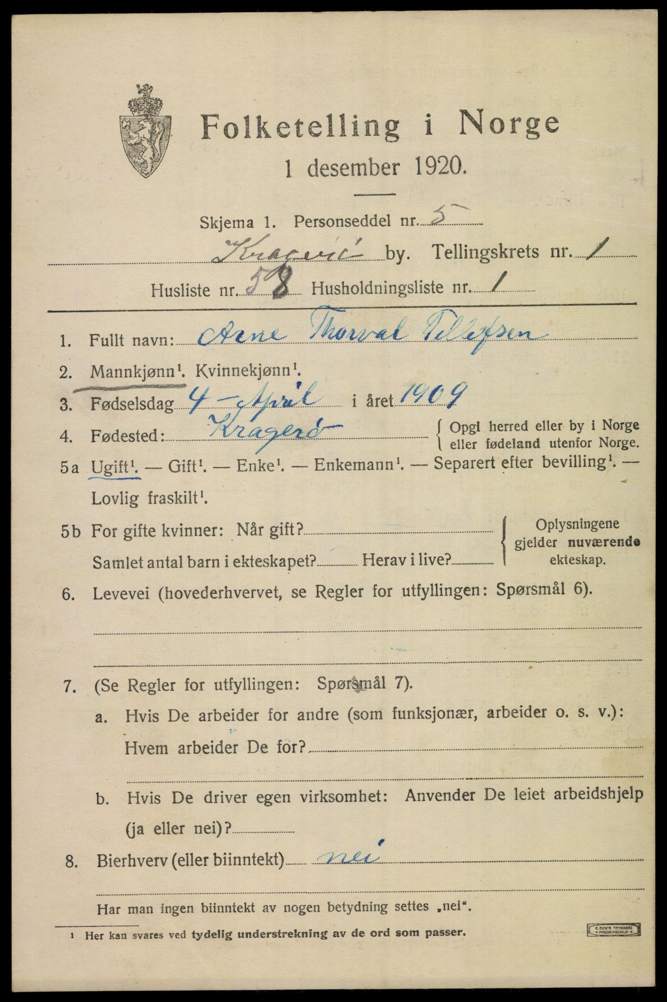 SAKO, 1920 census for Kragerø, 1920, p. 4913