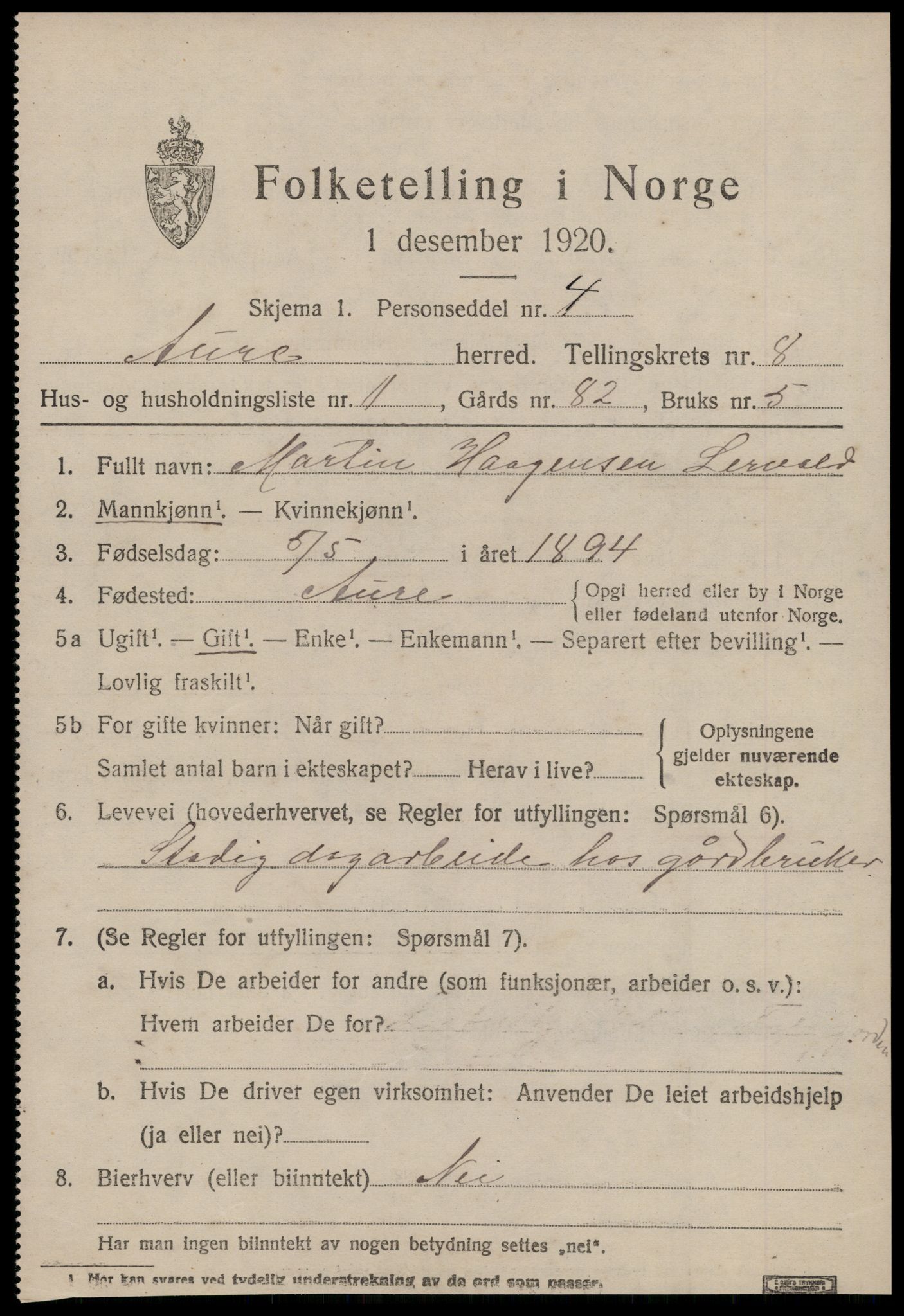 SAT, 1920 census for Aure, 1920, p. 3136