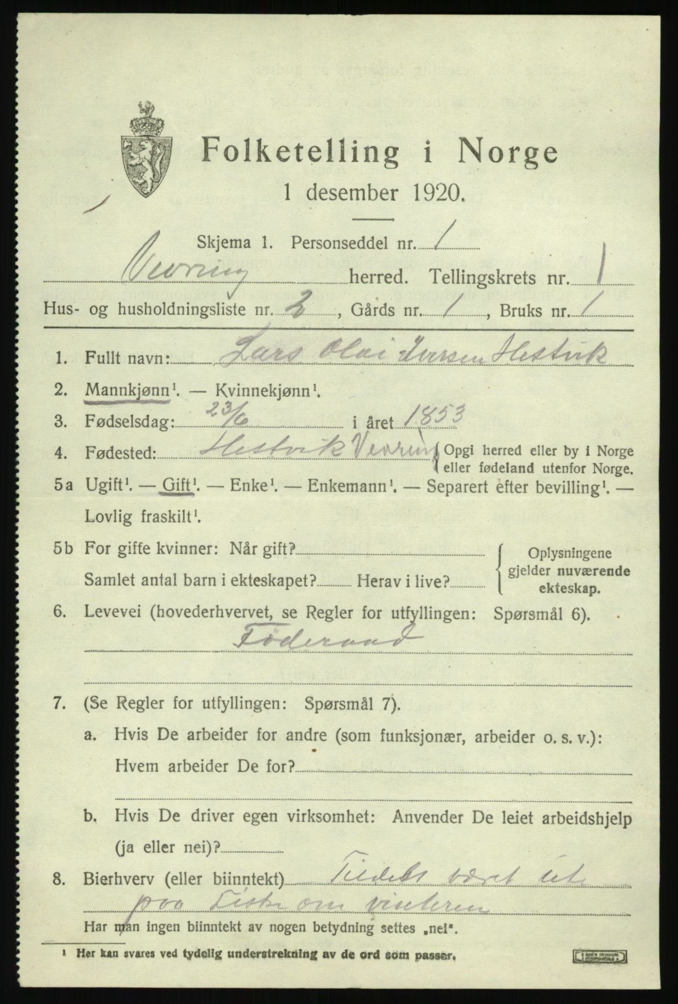 SAB, 1920 census for Vevring, 1920, p. 444