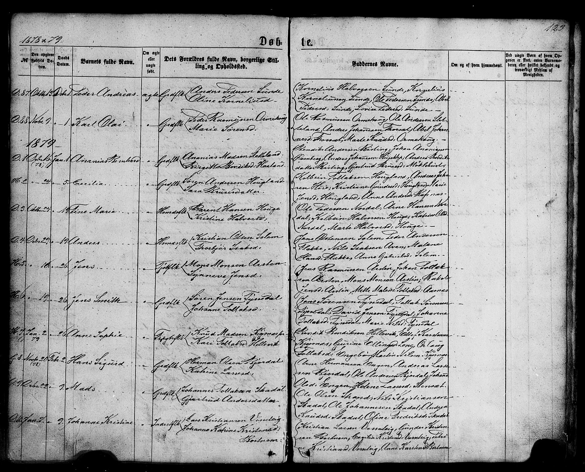 Fjaler sokneprestembete, AV/SAB-A-79801/H/Haa/Haaa/L0007: Parish register (official) no. A 7, 1862-1881, p. 123