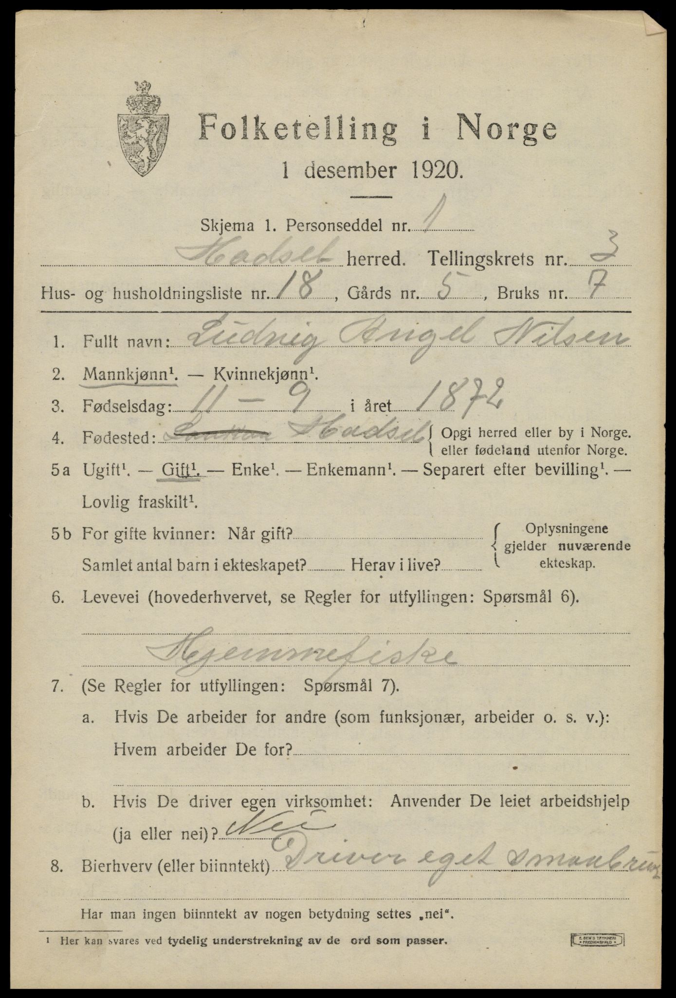 SAT, 1920 census for Hadsel, 1920, p. 5254