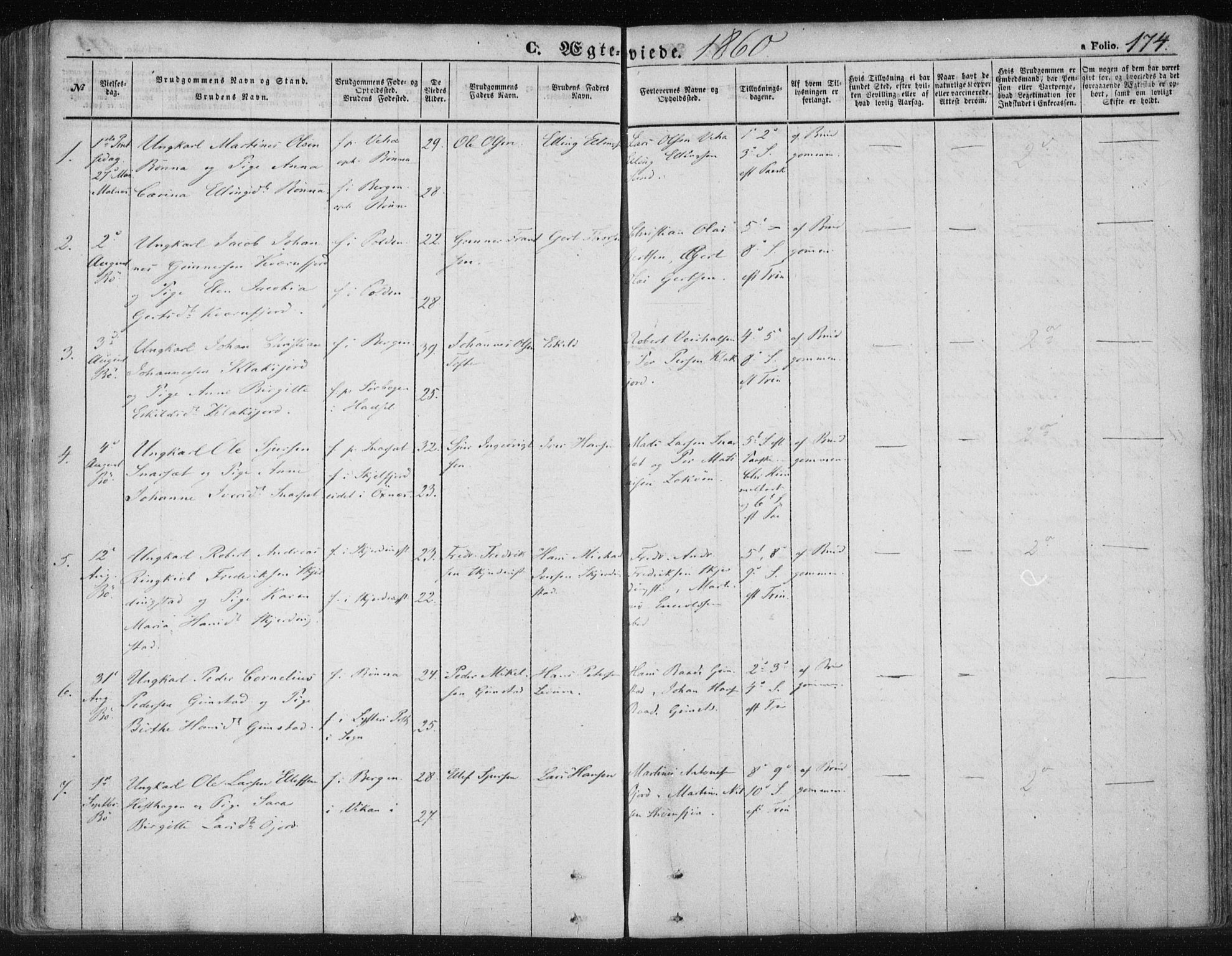 Ministerialprotokoller, klokkerbøker og fødselsregistre - Nordland, AV/SAT-A-1459/891/L1300: Parish register (official) no. 891A05, 1856-1870, p. 174