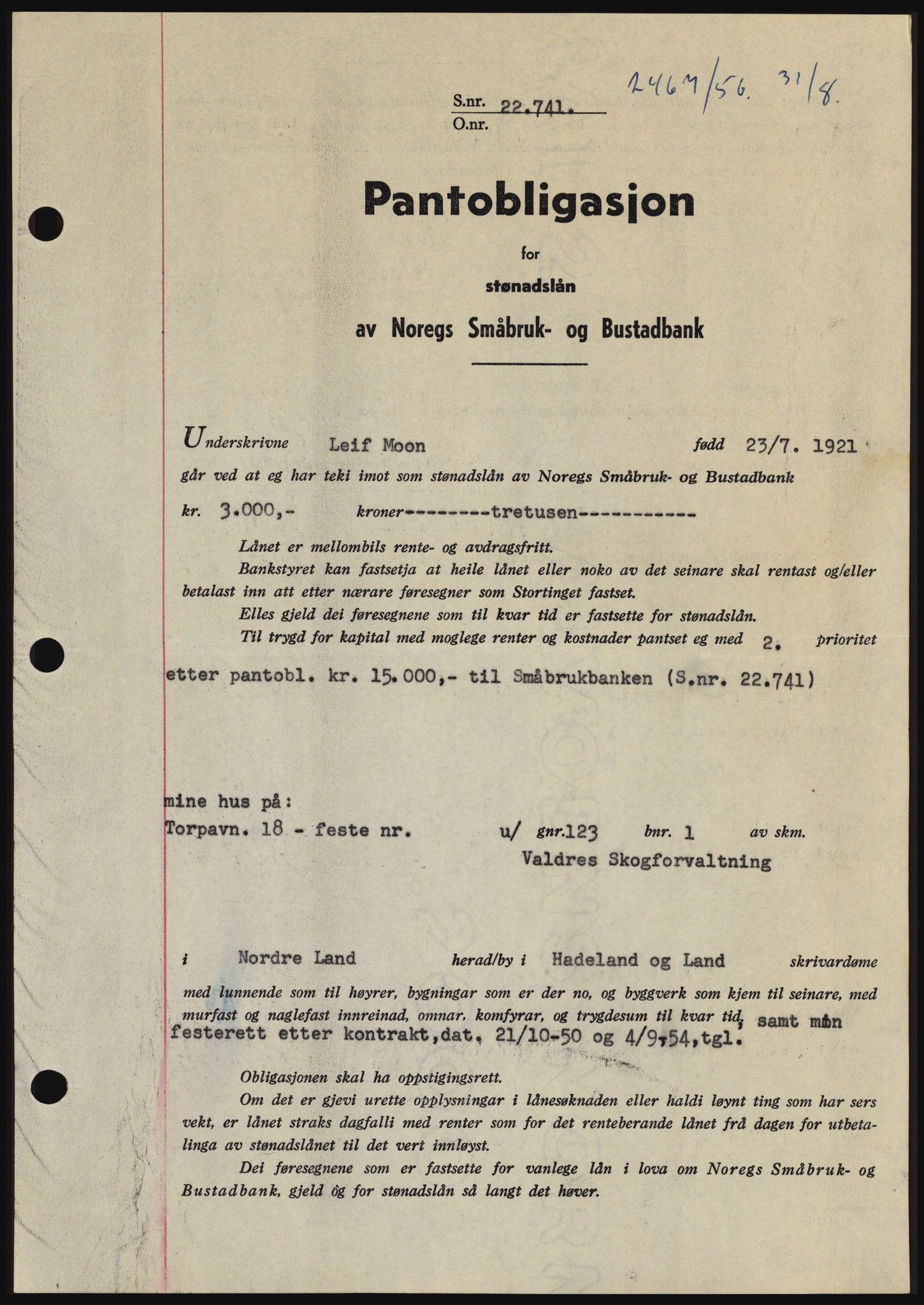 Hadeland og Land tingrett, SAH/TING-010/H/Hb/Hbc/L0034: Mortgage book no. B34, 1956-1956, Diary no: : 2467/1956