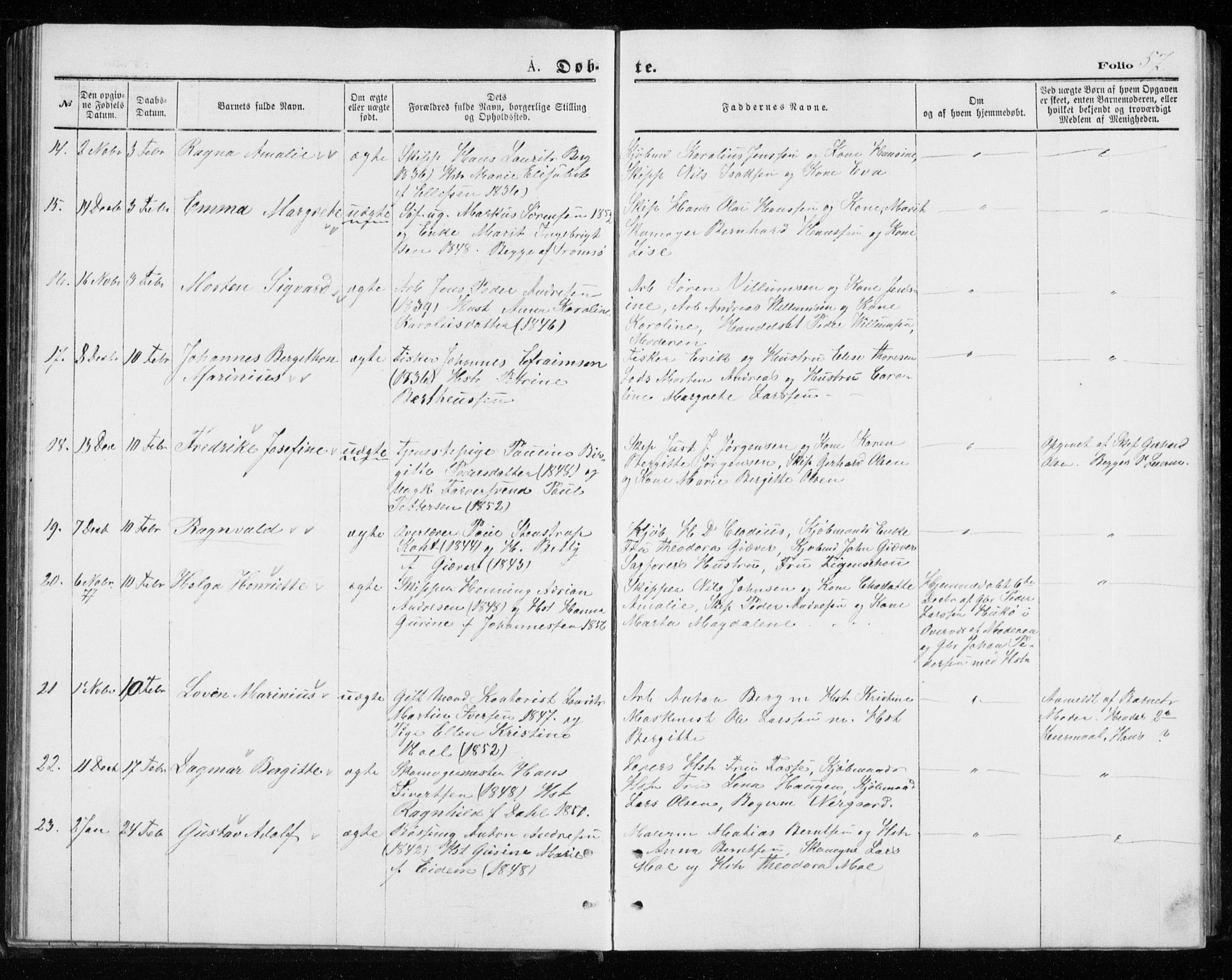 Tromsø sokneprestkontor/stiftsprosti/domprosti, AV/SATØ-S-1343/G/Gb/L0008klokker: Parish register (copy) no. 8, 1875-1879, p. 57